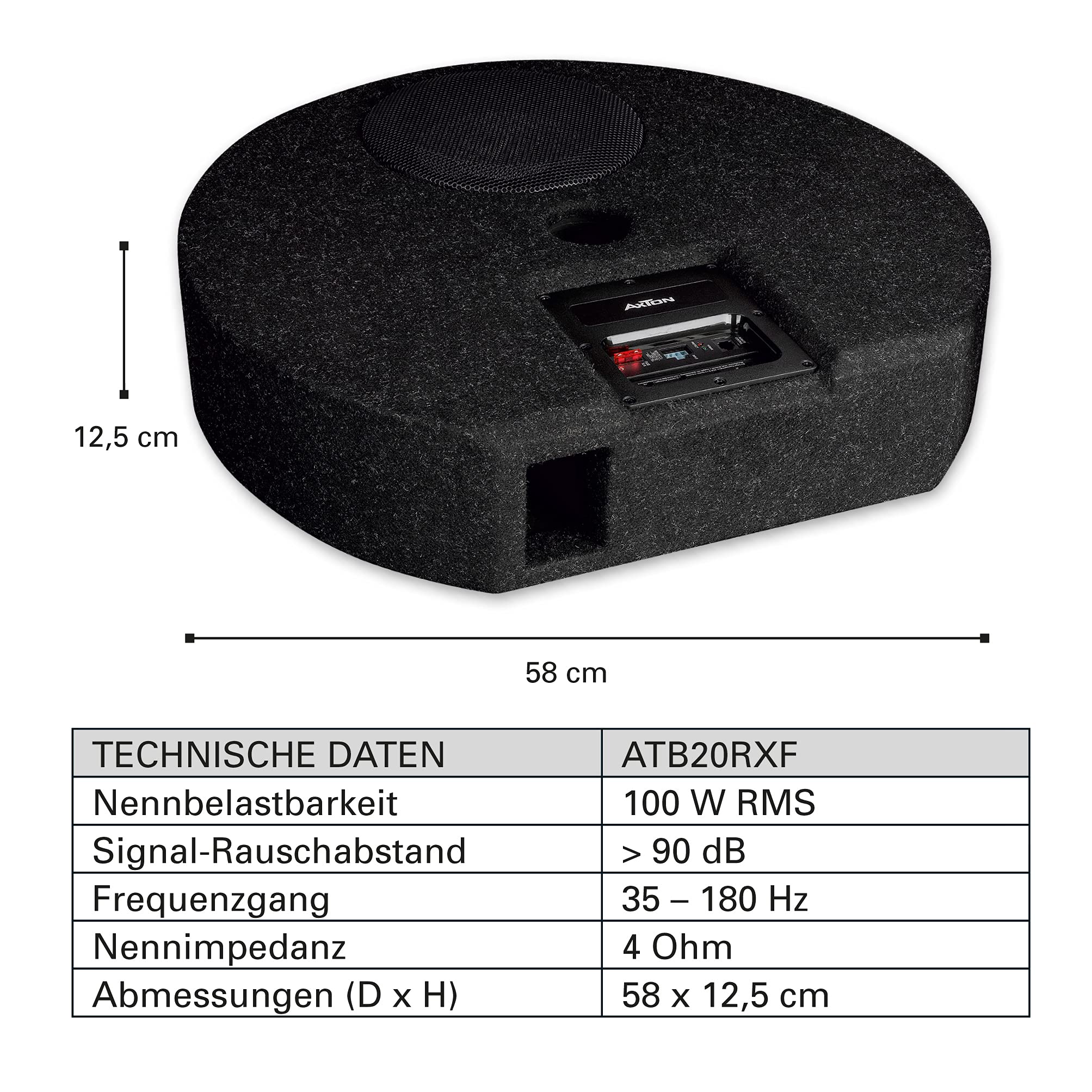AXTON ATB20RXF: Flacher Aktiv-Subwoofer für die Reserverad-Mulde, Bassreflex Bassbox fürs Auto mit 20 cm/8“ Langhub Woofer, Gehäuse nur 125 mm hoch, High-Level Eingänge, 120 W