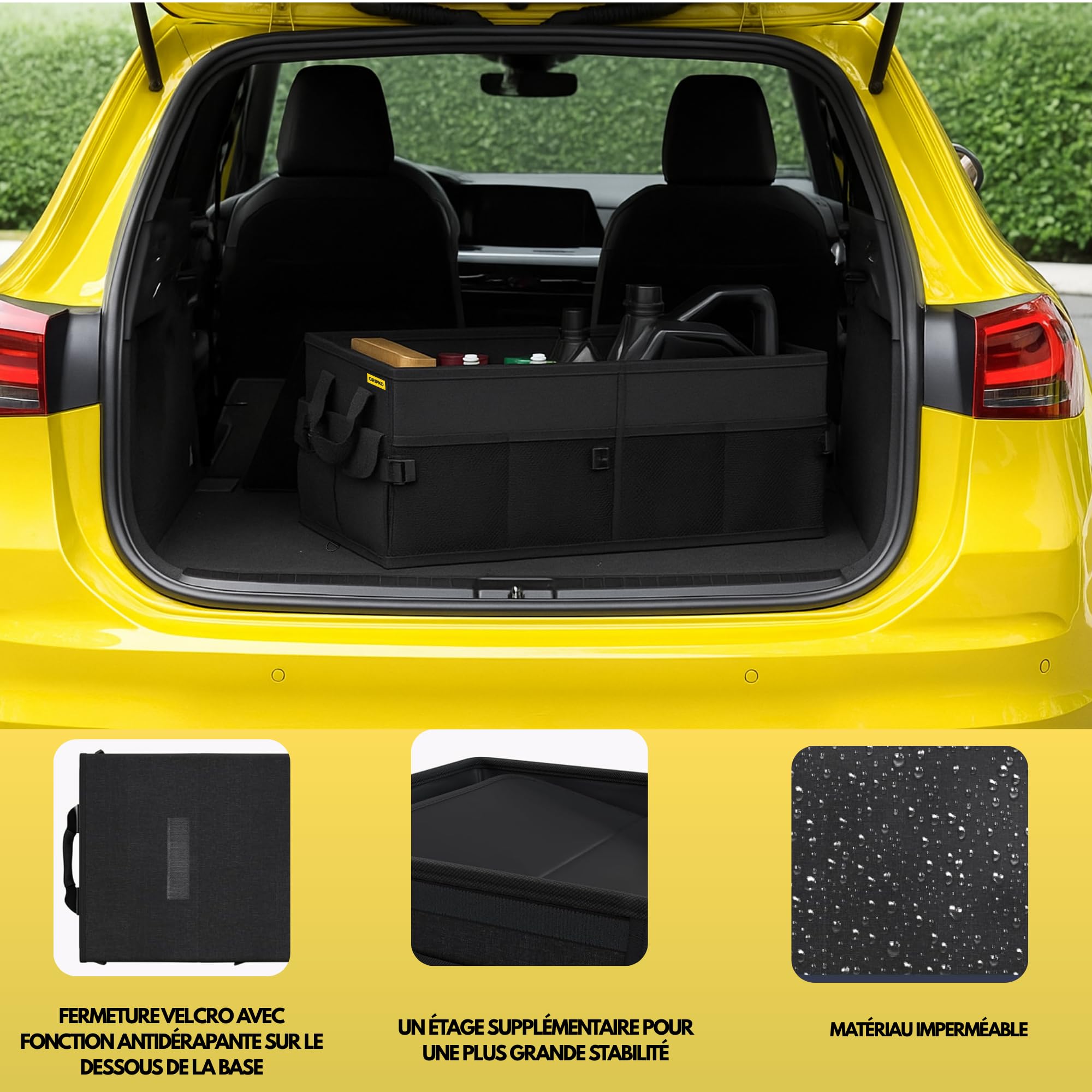 Rangement coffre de voiture 50L Organisateur coffre voiture pliable, base antidérapante et parois renforcées - Accessoires auto utiles pour voyages, camping et usage quotidien
