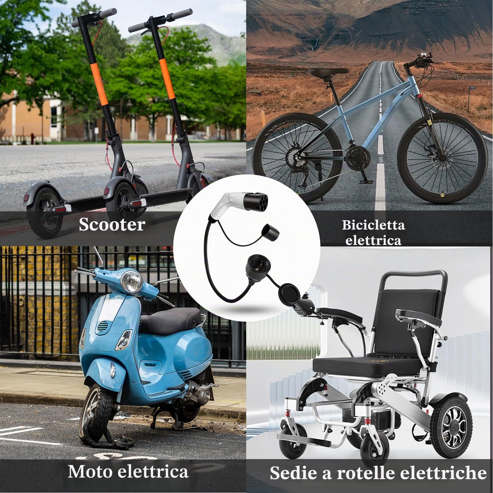 Adattatore Tipo 2 a Schuko, 3,5 kw 16A 0.7M 250V, Adattatore per Cavo di Ricarica EV Tipo 2 su Schuko, per e-Bike, e-Scooter, e-Moto, Non per V2L