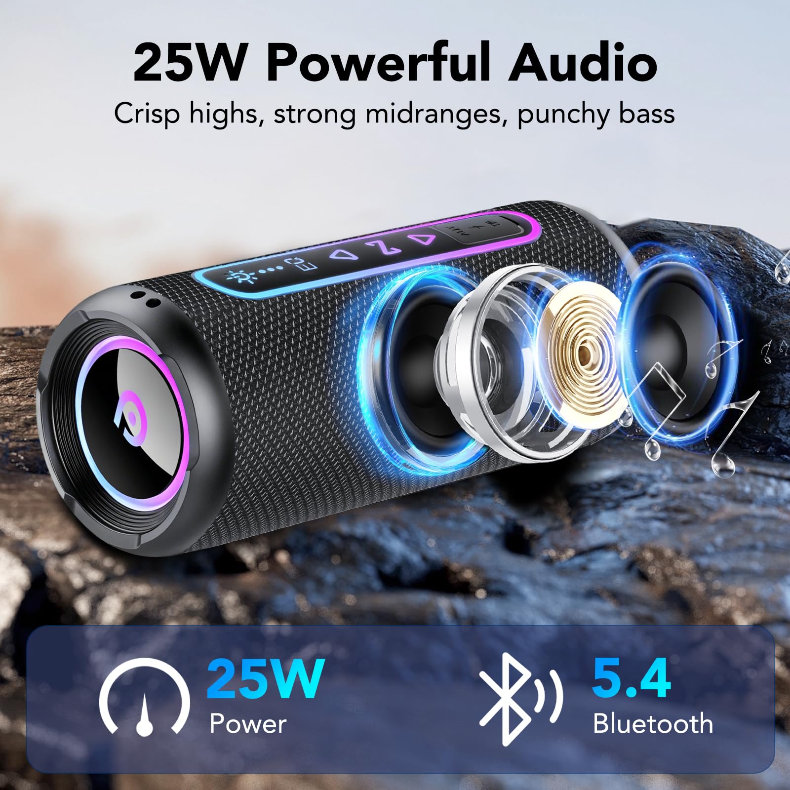 Cassa Bluetooth Potente 25W, Altoparlante Bluetooth con Doppio Driver Basso, 24H Autonomia, 5 RGB Modalità, Accoppiamento TWS, IPX7 Impermeabile, Supporto AUX/TF, Speaker Bluetooth per Feste/Viaggi