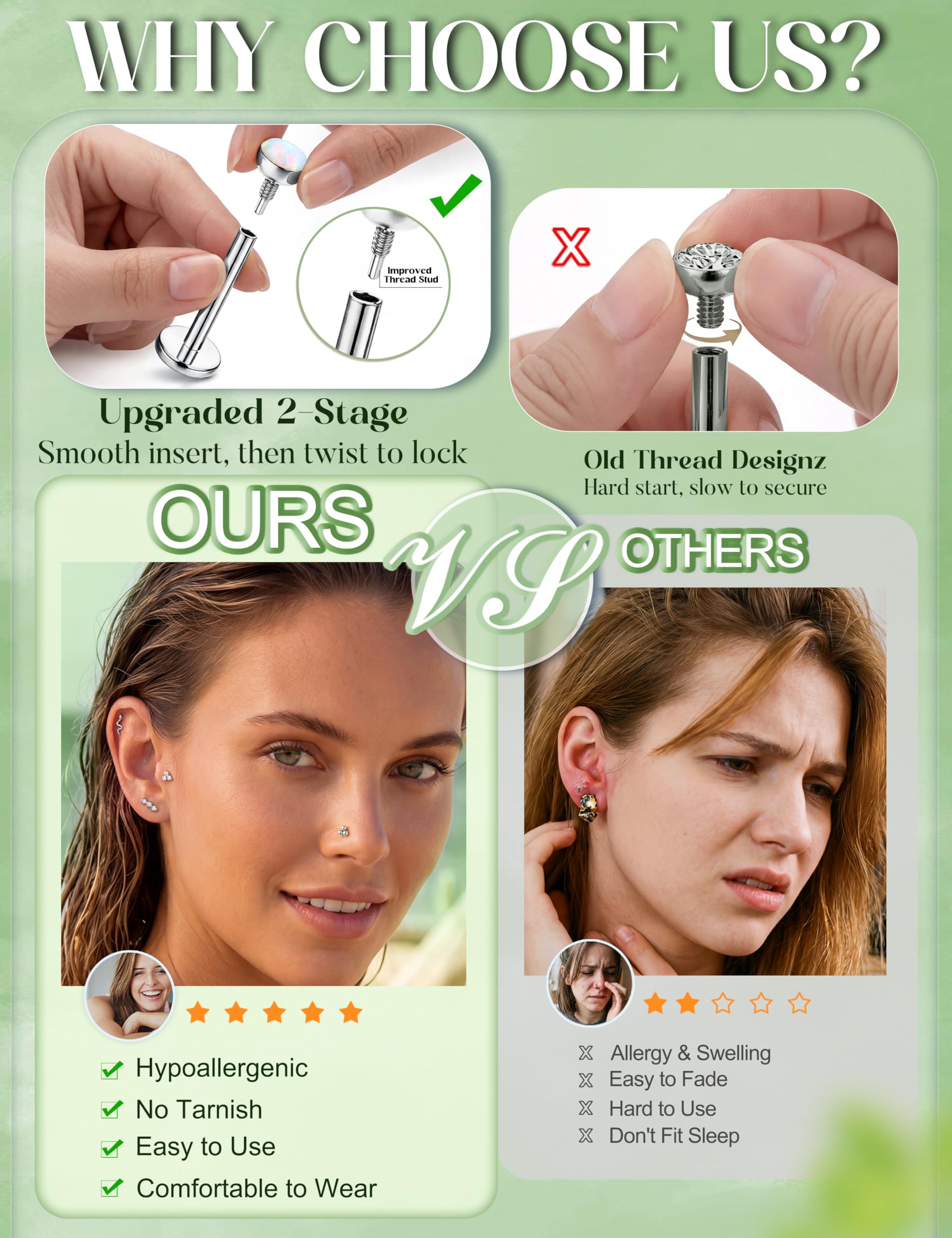 Kakonia 16G/18G Piercing Oreja Plata Oro Acero Inoxidable Pendientes Mujer Hipoalergénico Roscado Interno Cartilago Oreja Piercings Nariz Labret Conch Tragus Helix Piercing