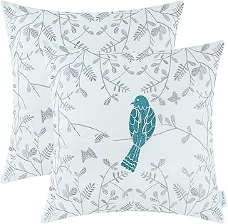 CaliTime Pack of 2 Cotton Throw Pillow Cases Covers for Bed Couch Sofa Cute Bird in Gray Garden Embroidered 18 X 18 Inches...