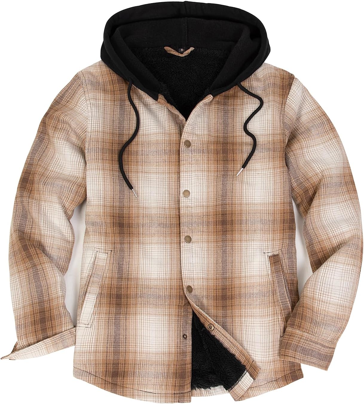 ZENTHACE Men's Sherpa Lined Flannel Shirt Jacket,Snap Button Down Winter Plaid Shacket with Hood - Image 2