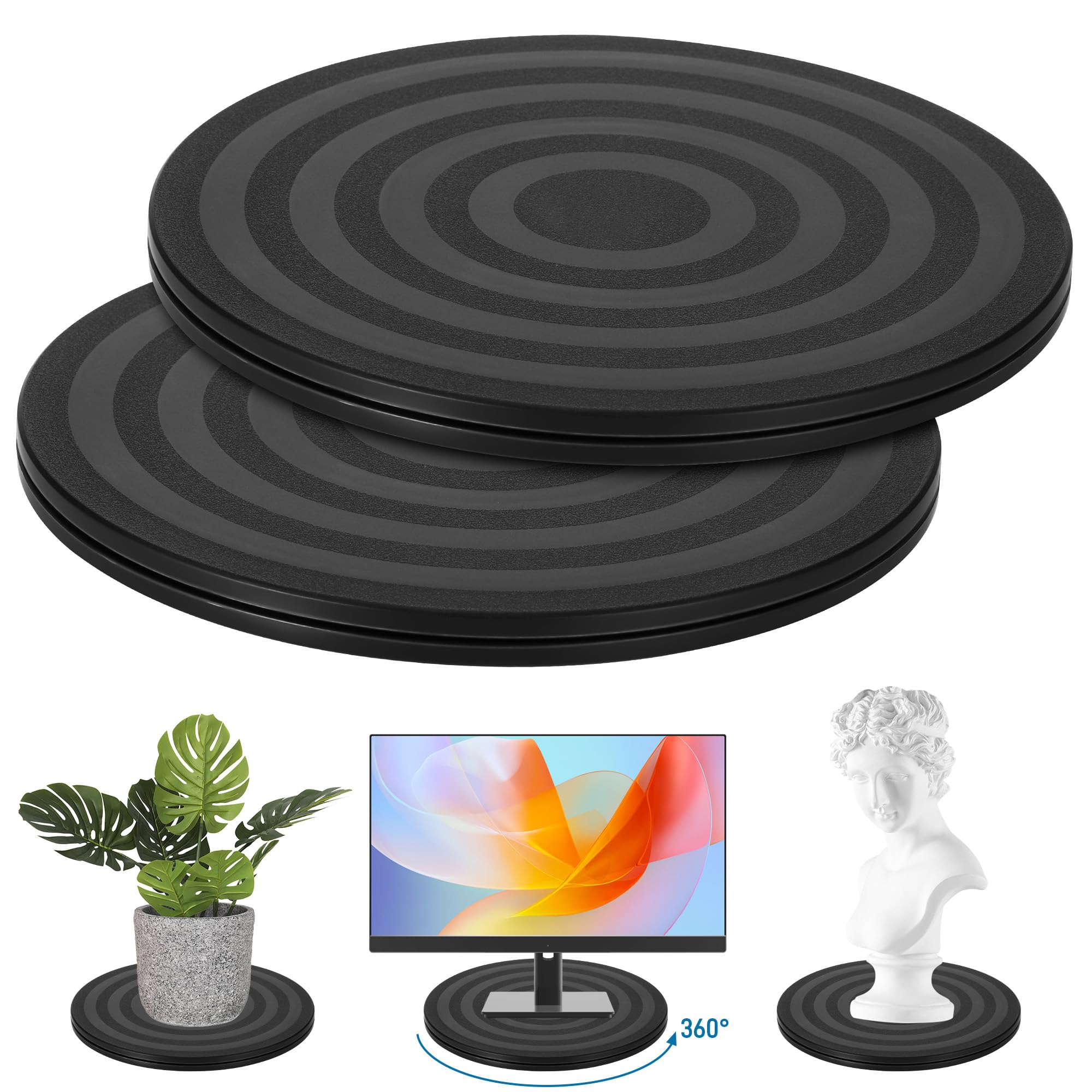2 Pcs Plateau Tournant, 20cm Plateau Tournant TV avec Roulements à bBilles en Acier Plate-Forme Tournante Antidérapant pour Ordinateur Portable/Moniteur/TV/Haut-parleurs, Noir