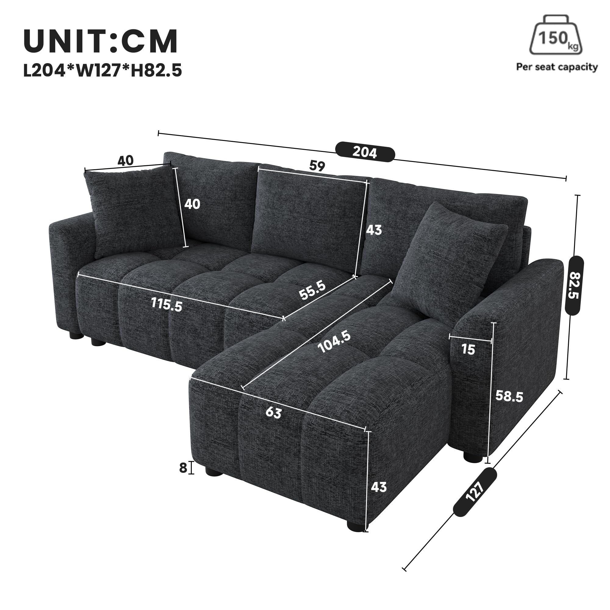 Divano a 3 posti, in ciniglia, grigio, 82,5 x 127 x 204 cm, divano ad angolo trasformabile, a forma di L, con 2 cuscini decorativi, adatto per soggiorno e appartamento