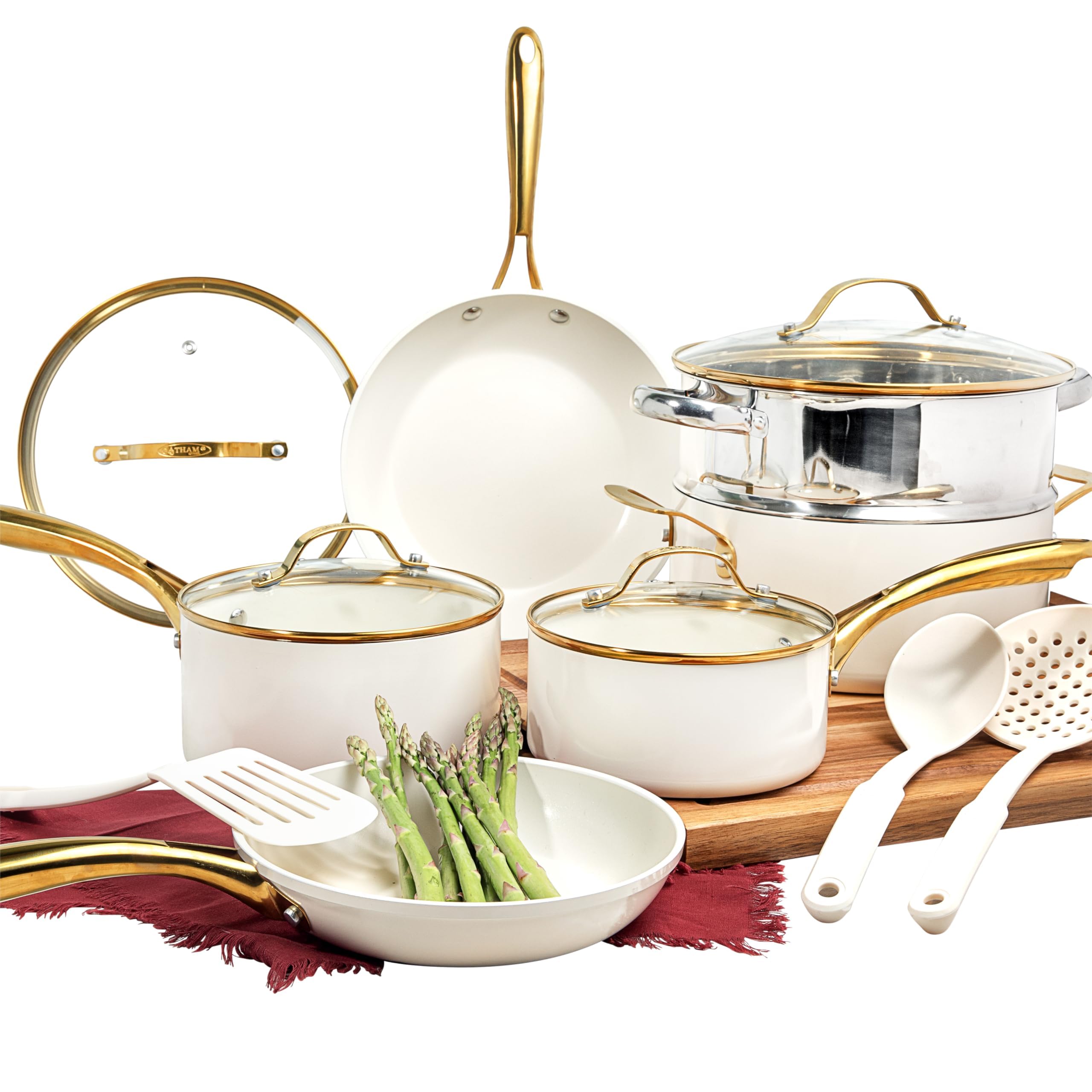 Gotham Steel 15 Pc Ceramic Cookware Set, Ceramic Pots and Pans Set Non Stick with Cooking Utensils and Steamer, Non Toxic PFOA PFOS Free, Premium Gold Stay Cool Handles, Oven & Dishwasher Safe