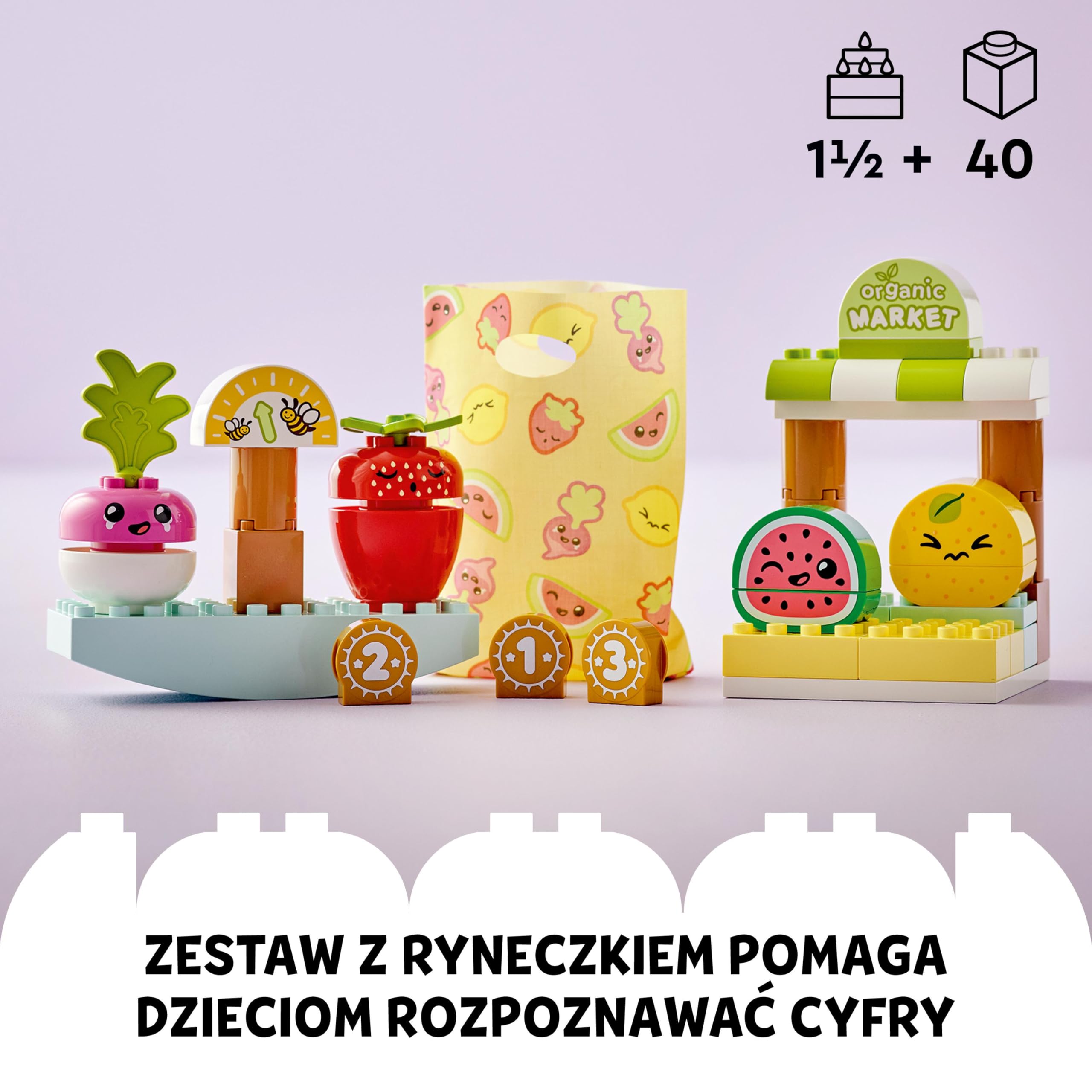 LEGO DUPLO My First Ryneczek bio, Zabawkowe Owoce i Warzywa, Zabawka Edukacyjna dla Dziecka do Nauki Cyferek, Układanie w Stosy dla Dzieci w wieku od 18 miesięcy do 3 lat, Pomysł na Prezent, 10983
