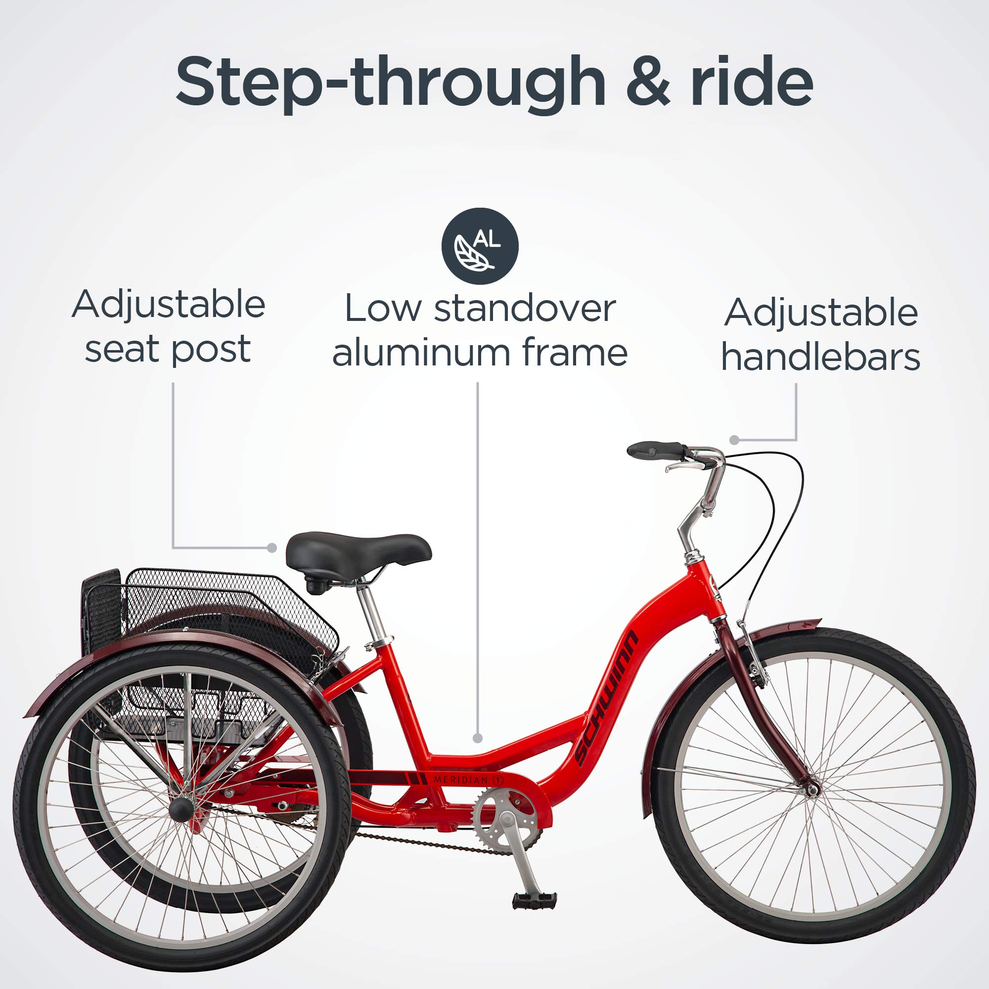 Schwinn Meridian Adult Tricycle, 24 or 26Inch Wheel Options, Low StepThrough Aluminum Frame