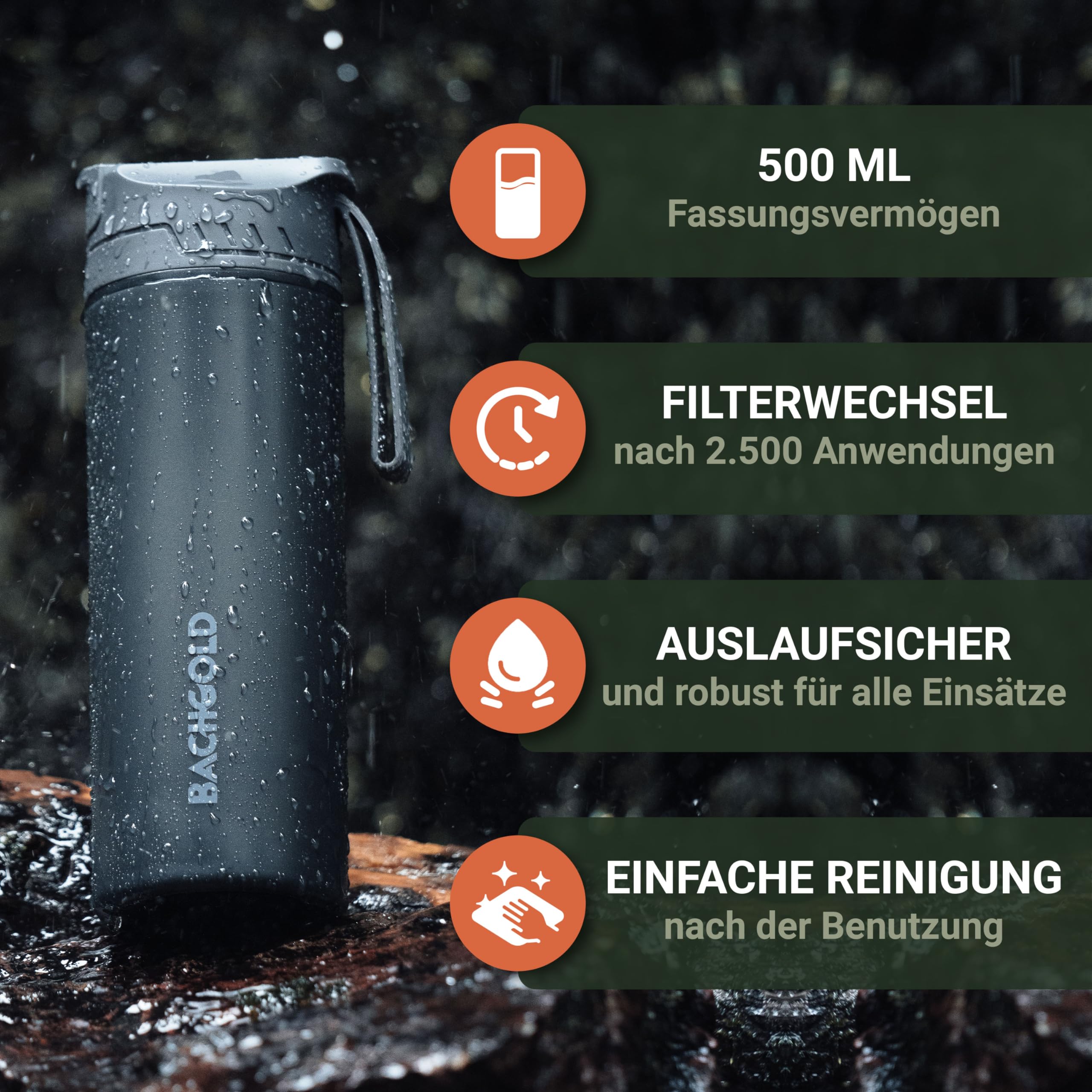 Bachgold® Profi Outdoor Wasserfilter Flasche I Entfernt 99,99% aller Bakterien und filtert Mikroplastik, Partikel und Chlor I Blackout & Krisensicher (Schwarz, 500ml)