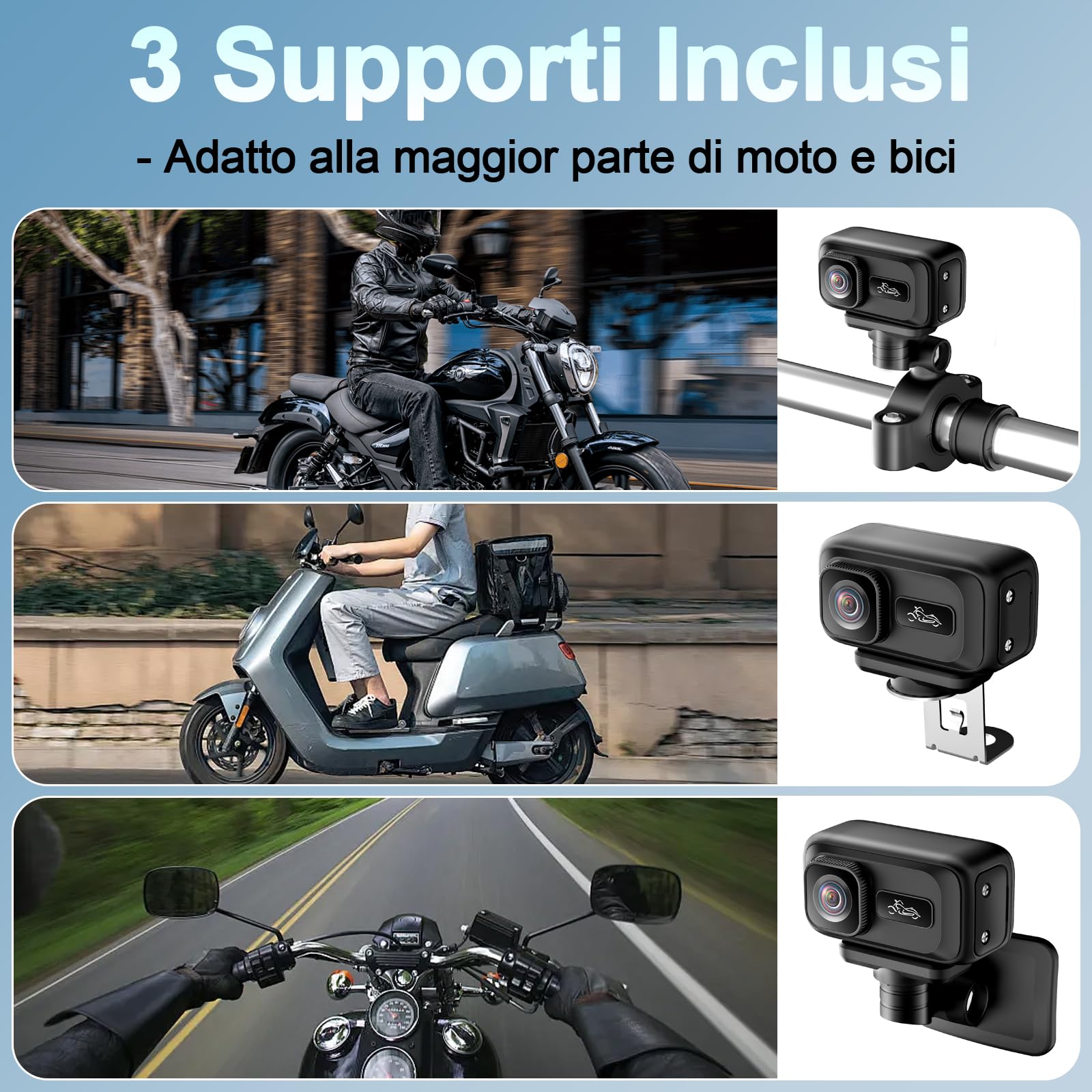 Action Cam, WiFi 2K e Grandangolo 120° Action Camera, Blocco Antiurto con Sensore G Action Cam Moto con IP65 per Motociclette, E-bike e Sport All'aria Aperta