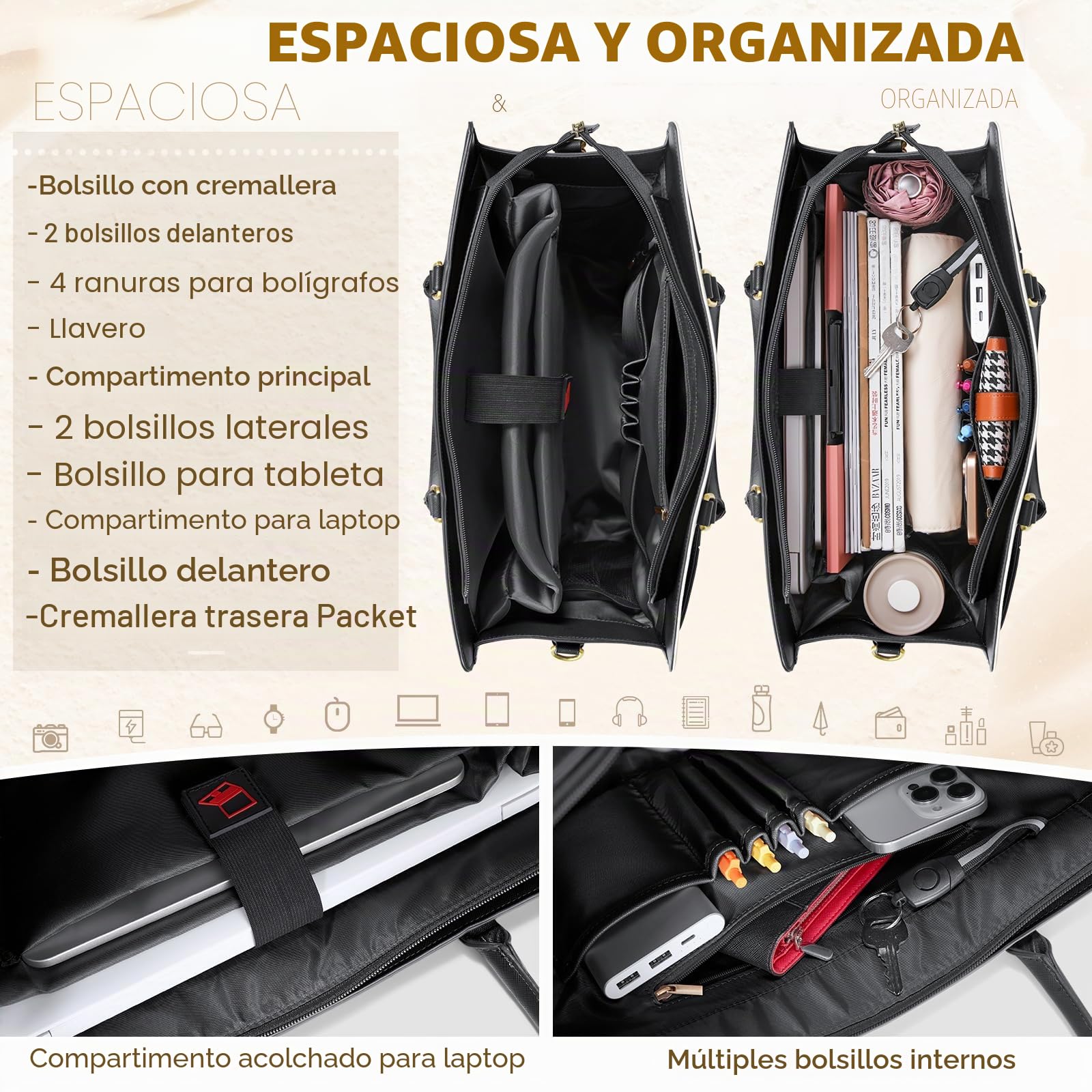 RAINSMORE Bolso Universidad Mujer Bolso Mujer Grande con Clutch Impermeable Ordenador Portatil 15.6 Pulgadas Bolsa Trabajo Shopper Oficina Negro