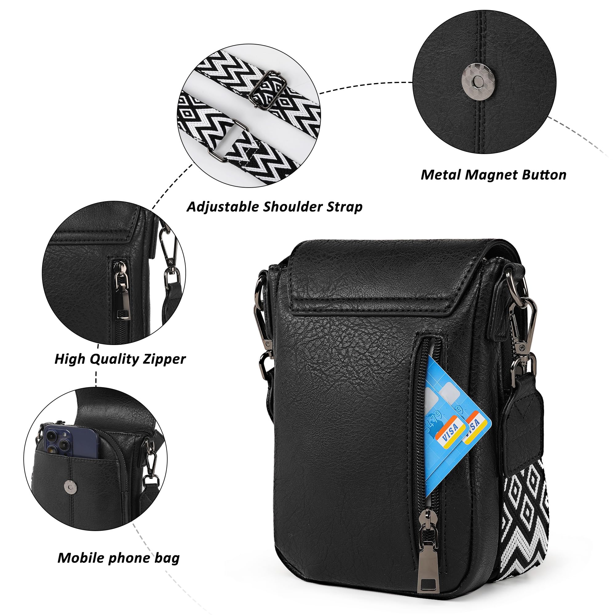 TANTOMI Small Crossbody Bags for Women, Small Purses with Card Slots Phone Purse Wide Adjustable Strap: 01-black