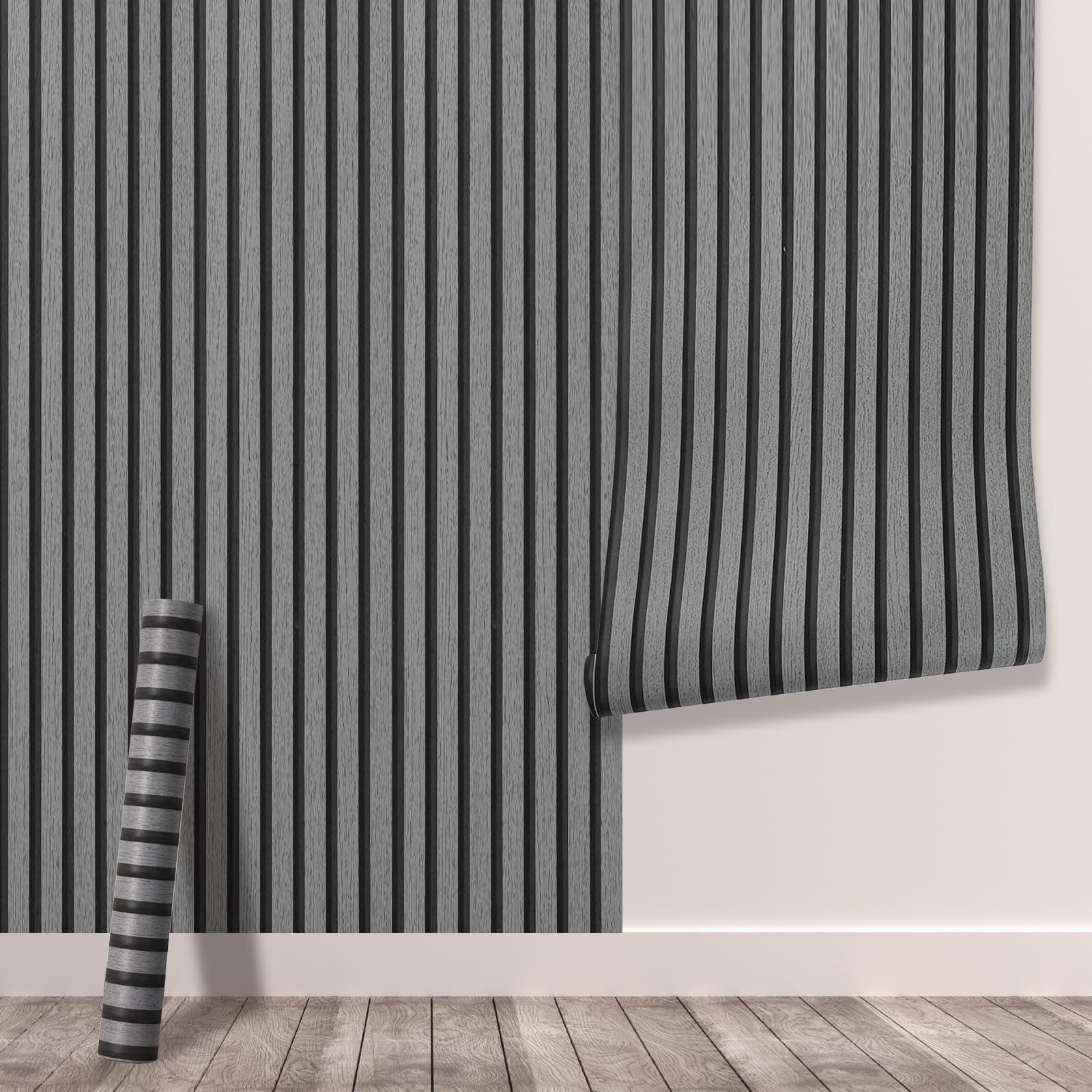 Tarwanear Wood Effect Wallpaper Wood Slat Wallpaper 1 Roll(5.03m²) Dark Grey Wooden Slat Effect Wall Paper Natural Wooden Slatted Roll for Living Room Bedroom Office Front Desk Feature Wall