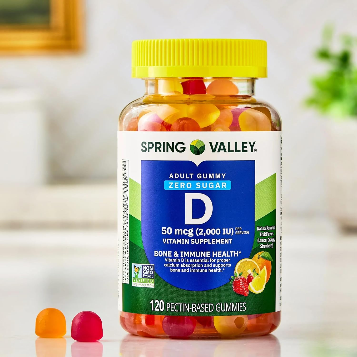 SUREFECT Spring Valley Zero Sugar Vitamin D 50 mcg (2000 IU) Gummies, Bone & Immune Support - 120 Count Organizer