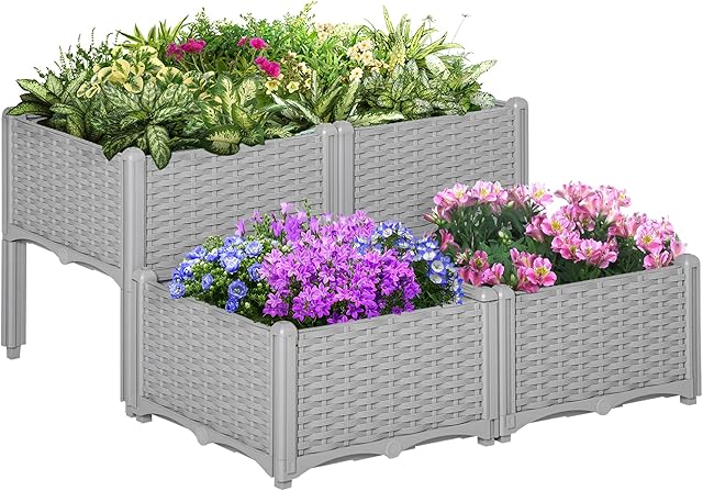 Outsunny 40cm x 40cm x 44cm 26L Set of 4 Garden Raised Bed Elevated Patio Flower Plant Planter Box PP Vegetables Planting Container, Grey