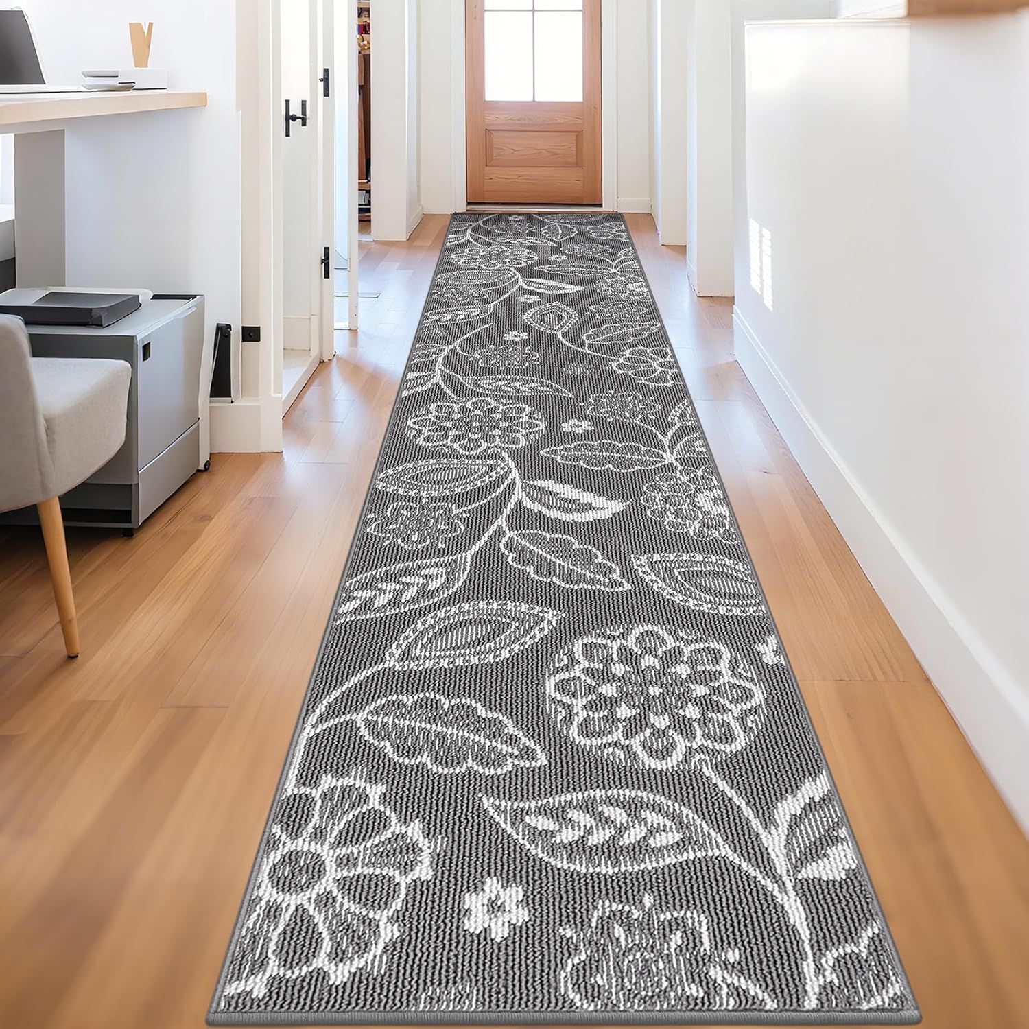 2x10 Washable Runner Rug with Non Slip Backing, Absorbent & Dirt-Trapping, Gray and White High-Low Textured Floral Hallway Carpet for Kitchens, Laundry Rooms, Bathrooms, Entryways