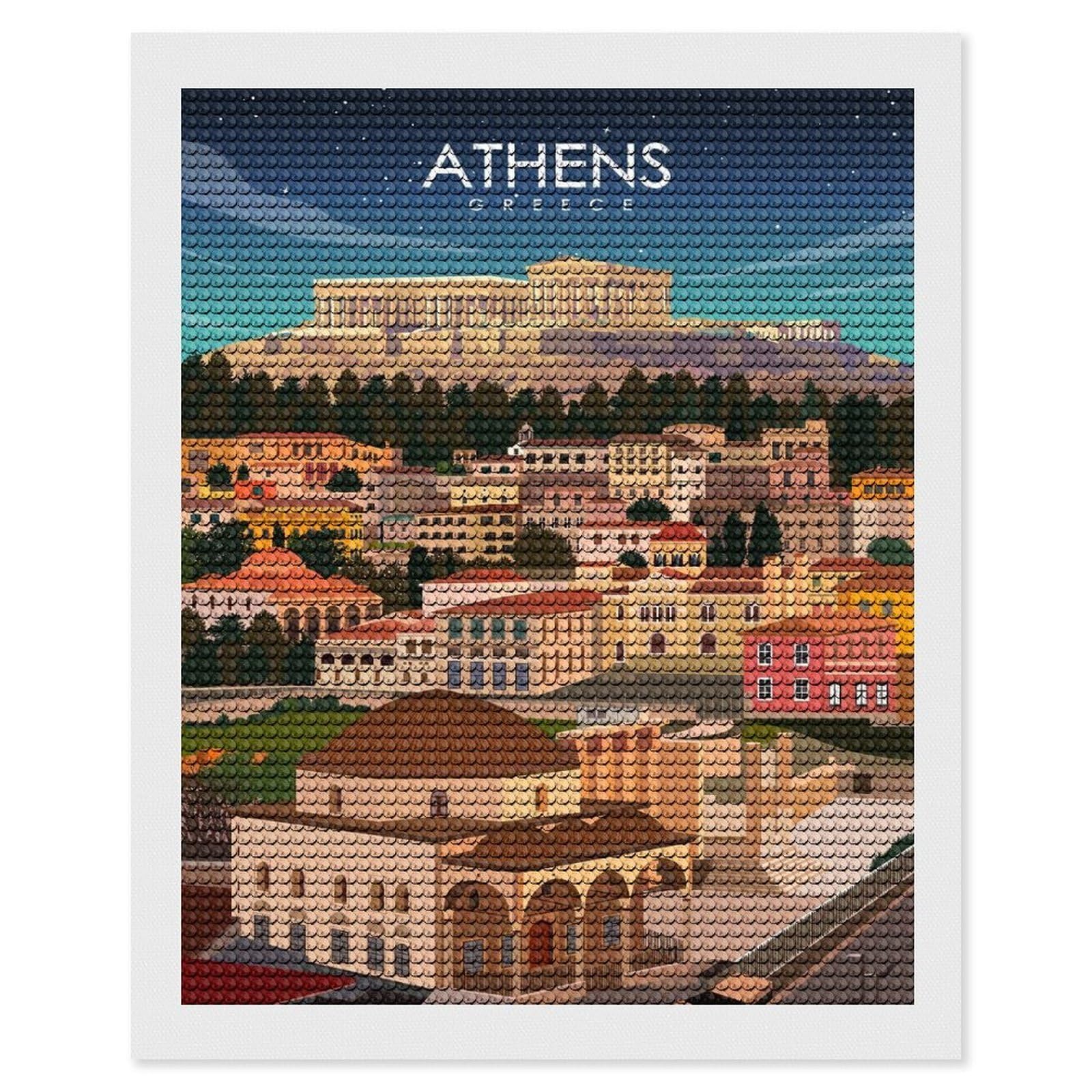 Junmoney Athens Greece Travel Art Diamond Painting Canvas Set 16"x20", for Adults, Sparkling Round Gems, Thoughtful Handmade Gift, Modern Decor