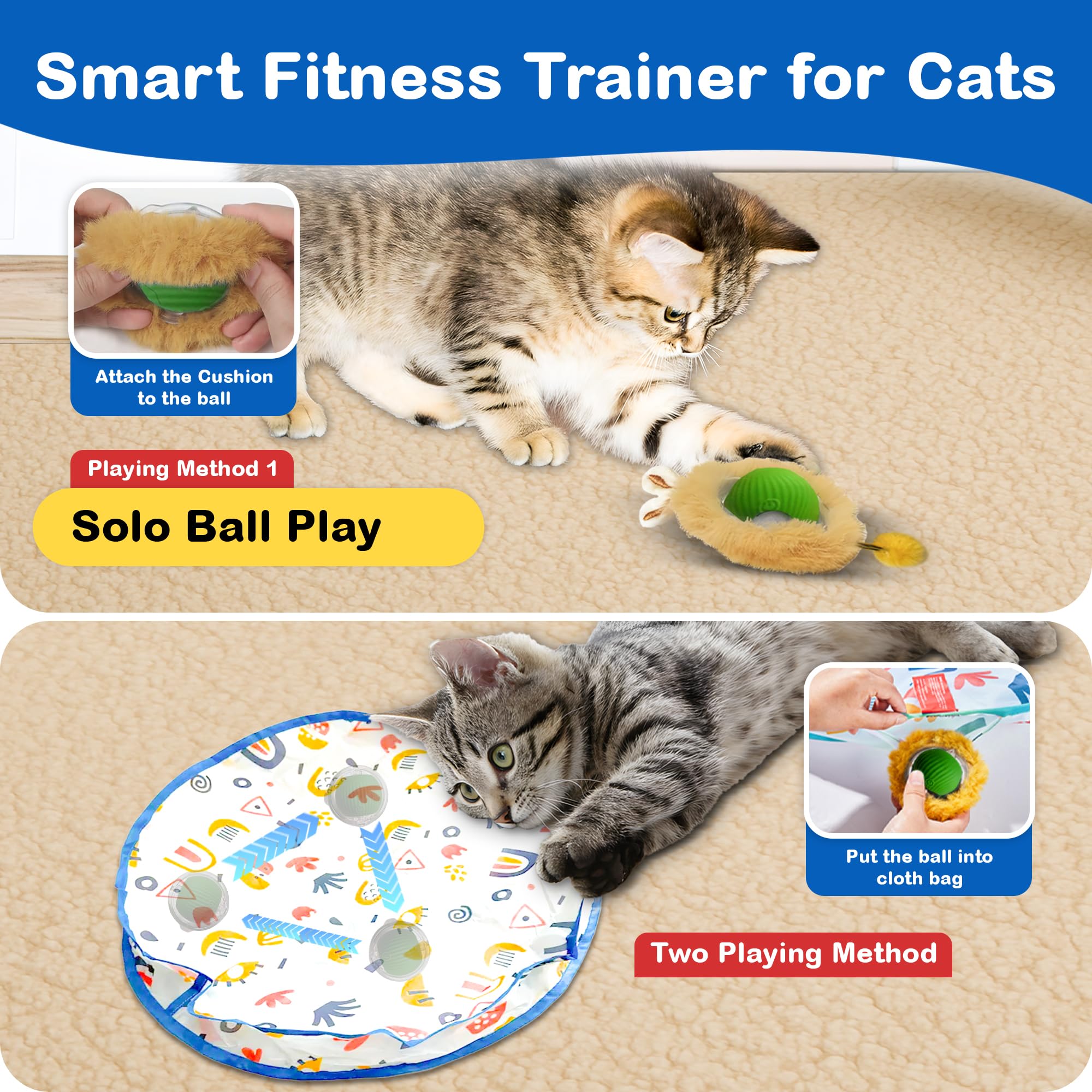 Giocattoli interattivi per gatti, gioco a nascondino con movimento automatico attivato dal movimento, tappetino da gioco da 71 cm, palla a rotolamento rapido in tappetino da gioco per esercizi