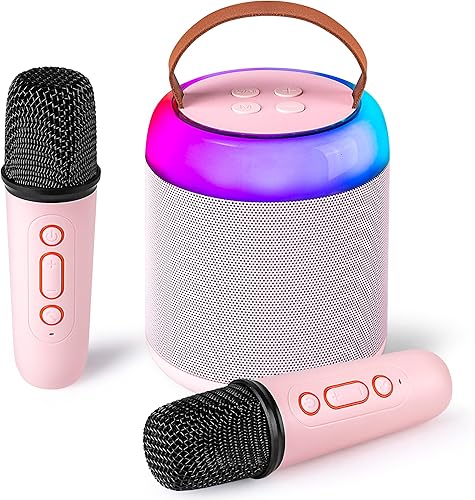 Mini máquina de karaoke con 2 micrófonos inalámbricos para niños y adultos, altavoz Bluetooth portátil de juguete para niñas y niños de 2, 4, 5, 6,