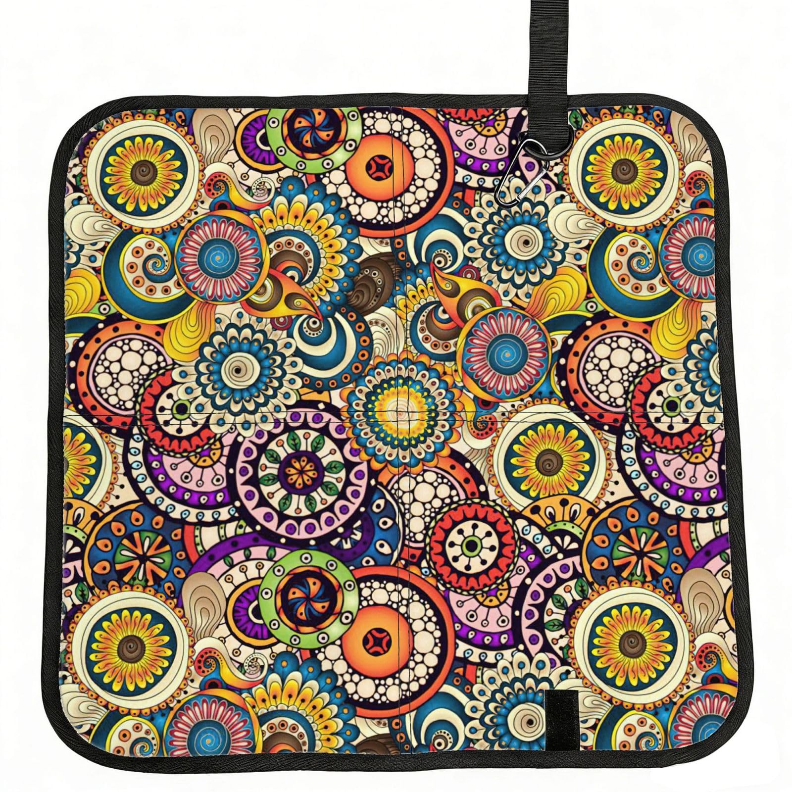 SDEGTHO Ethnic Circles Floral Pattern Printed Foldable Seat Pad with Closure, Lightweight Cushion for Airplane Travel Camping