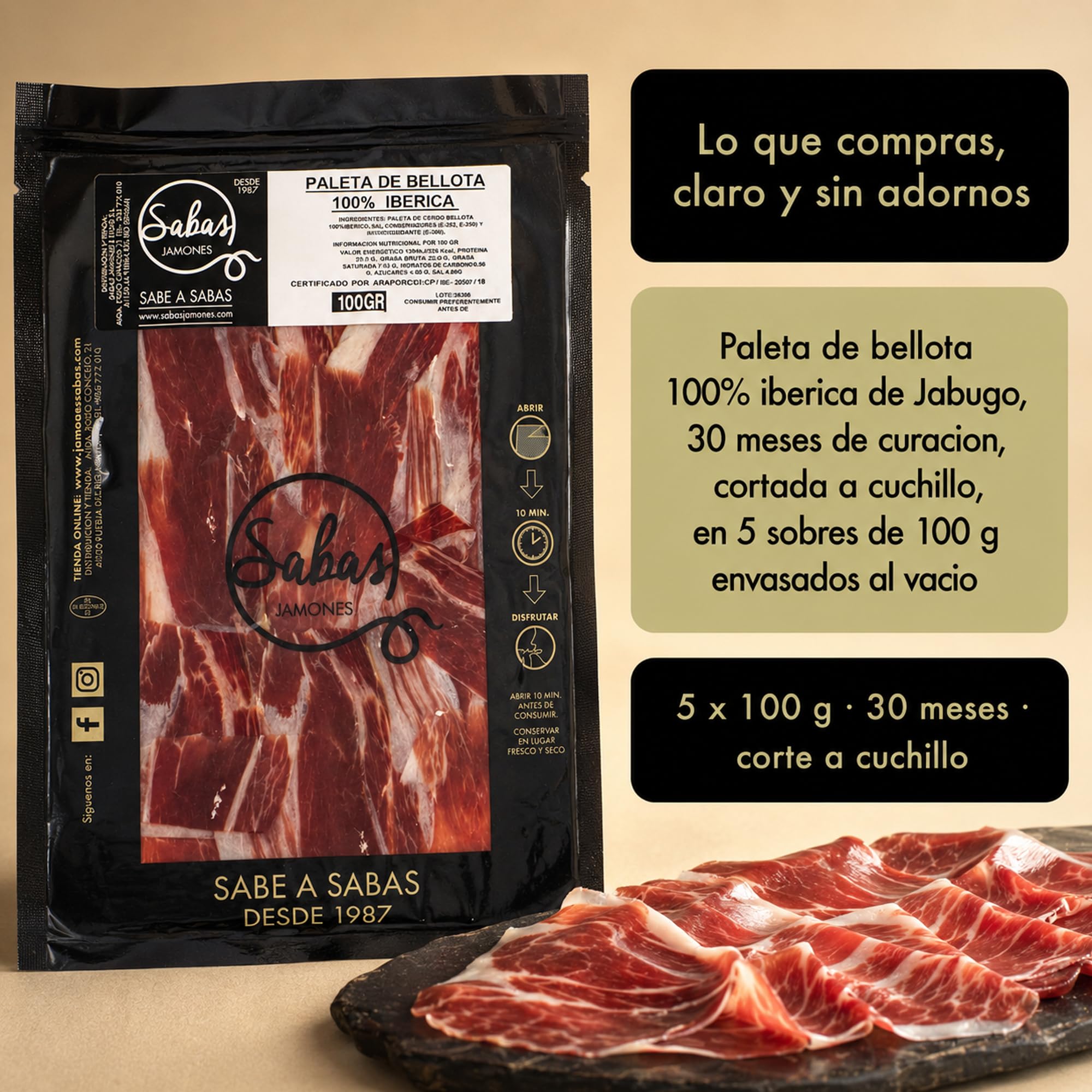 Paleta de Bellota 100% Iberica de Jabugo Cortada a Cuchillo 5 Sobres 100 g | Jamon iberico loncheado pata negra al vacio; curacion 30 meses, Sierra Huelva. Para tabla, aperitivo, cesta y regalo
