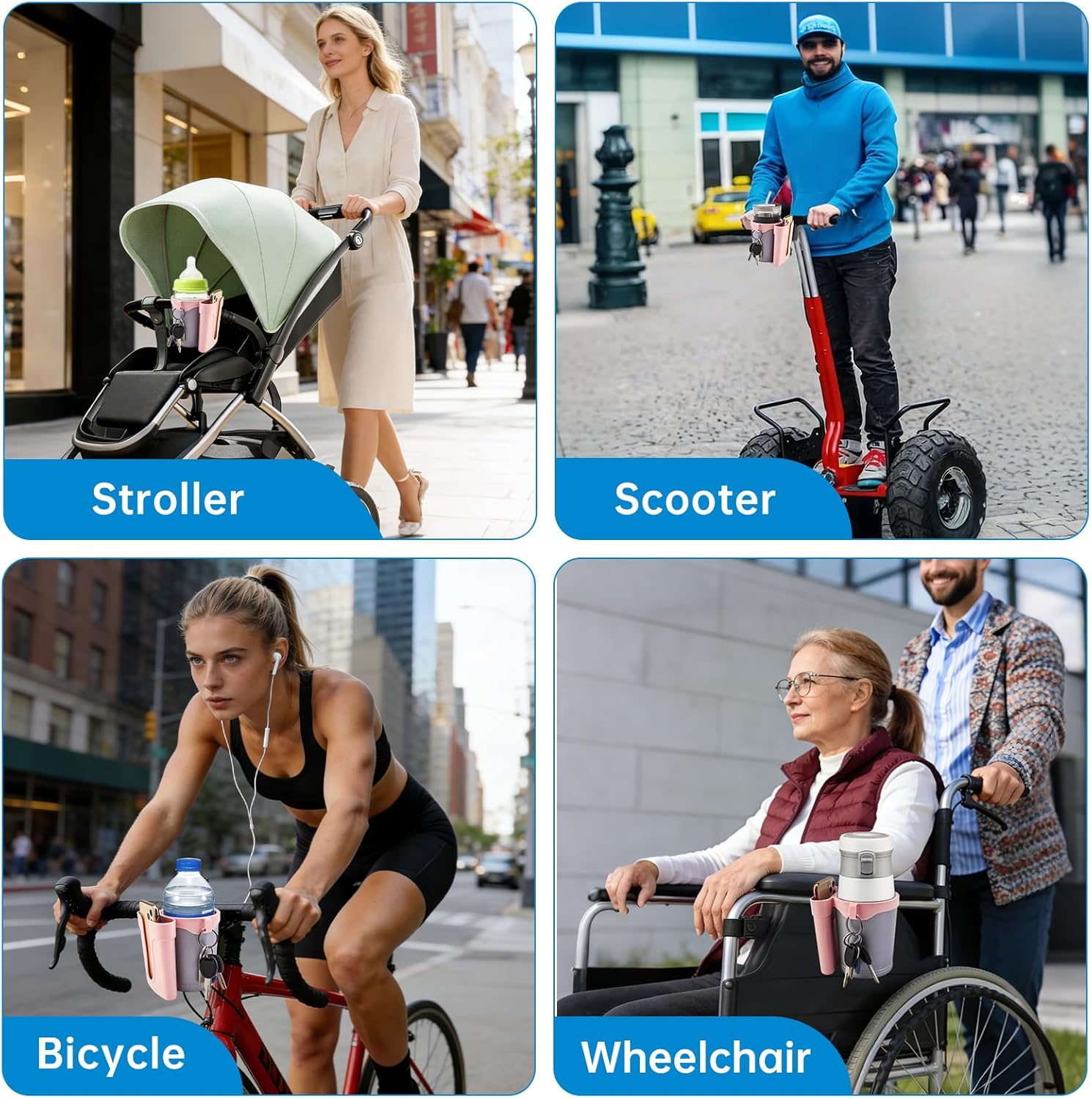 3-in-1 Bike Cup Holder with Phone Holder & Key Hook, Universal Non-Slip Water Bottle Cage for Bicycle Handlebars, Strollers, Wheelchairs - Includes Wrench (Grey Pink+Black)