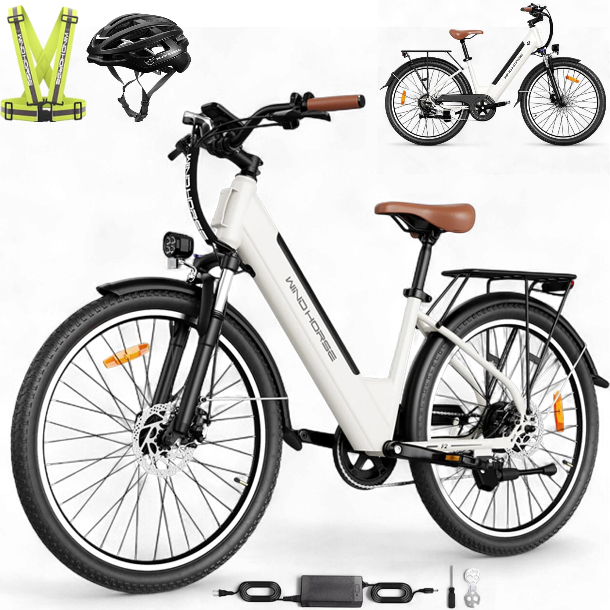 WINDHORSE F2 Electric Bike 350W Motor, 36V 13Ah Removable Battery, 32KM/H Max Speed, 40–80KM Range, 26 Inches Tires, Shimano 7-Speed, Dual Disc Brakes, Front Suspension, 3 Riding Modes White