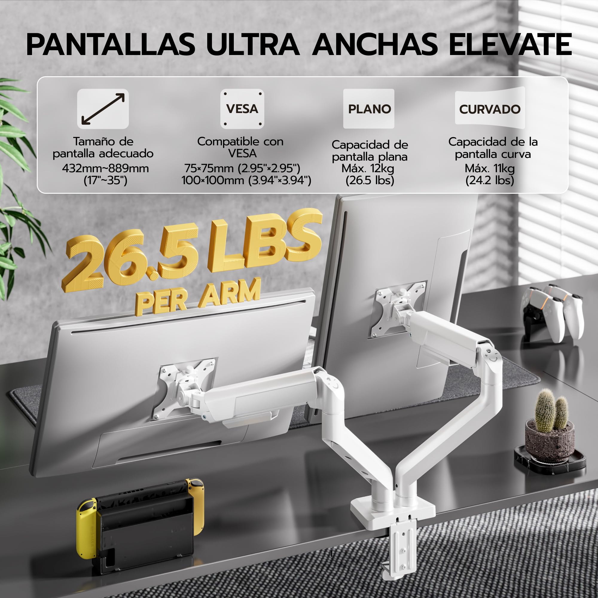 ARES WING Soporte Dual para Monitores 17"–35", VESA 75/100 mm | Brazo Doble 2–12 kg con Puertos USB-A/C, Gestión de Cables, Inclinable/Giratorio/Rotatorio