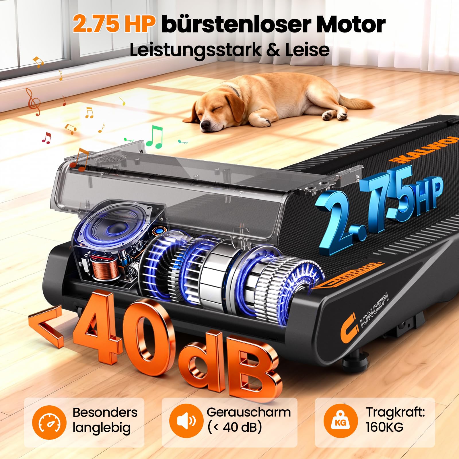 Walking Pad mit Bluetooth Lautsprecher, 4 in 1 10km/h Laufband für Zuhause mit 10% Steigung, 2,75 HP bürstenloser Treadmill für Zuhause & Büro mit LED-Display, 12 HIIT-Programme, Bis 160 kg