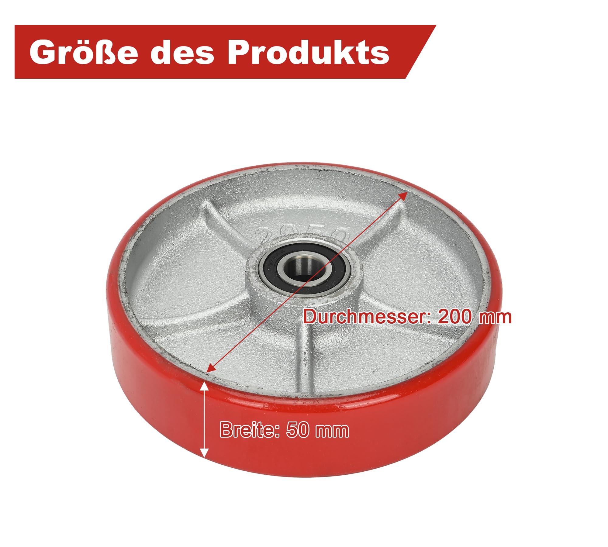 bimiti 2 Stück Hubwagenrollen Polyurethane/PU Ø200 x 50 mm, Achse 20 mm inkl. Kugellager Rollen für Hubwagen Ersatzrollen, Swivel Castor for Pallet Trucks,Max. Belastung 3000 KG