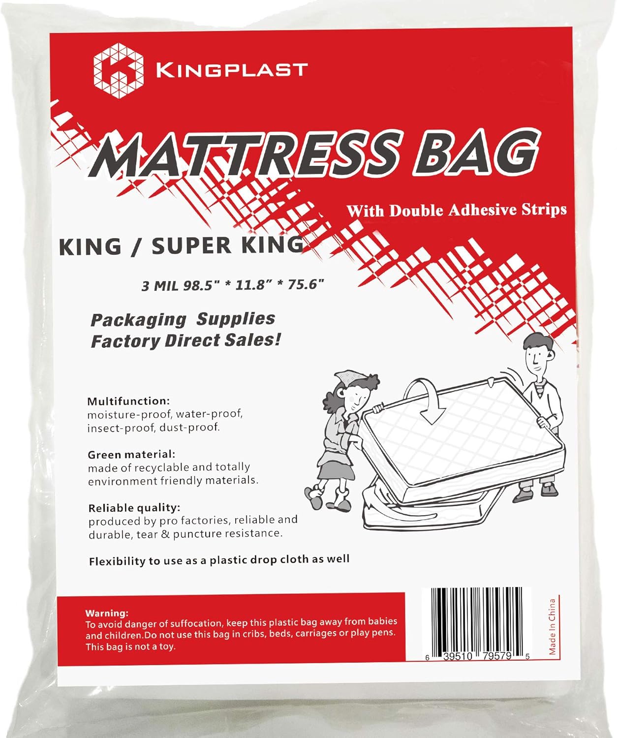 K KINGPLAST Self Adhesive King Mattress Bag for Moving and Storage 3Mil California King Mattress