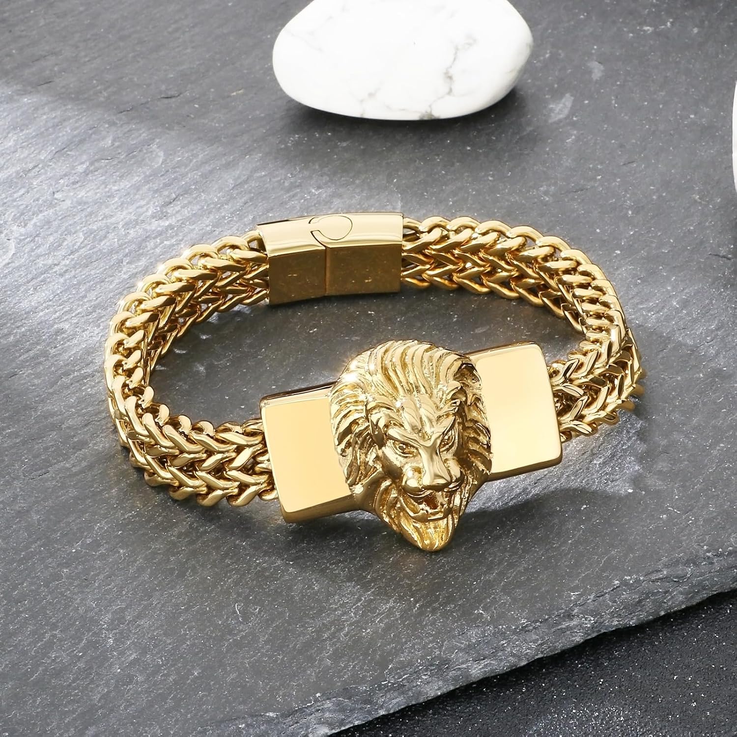Lion Head Men's Bracelet Gold Tone Stainless Steel Cuban Link Chain Punk Hip Hop Jewelry, Gift for Him
