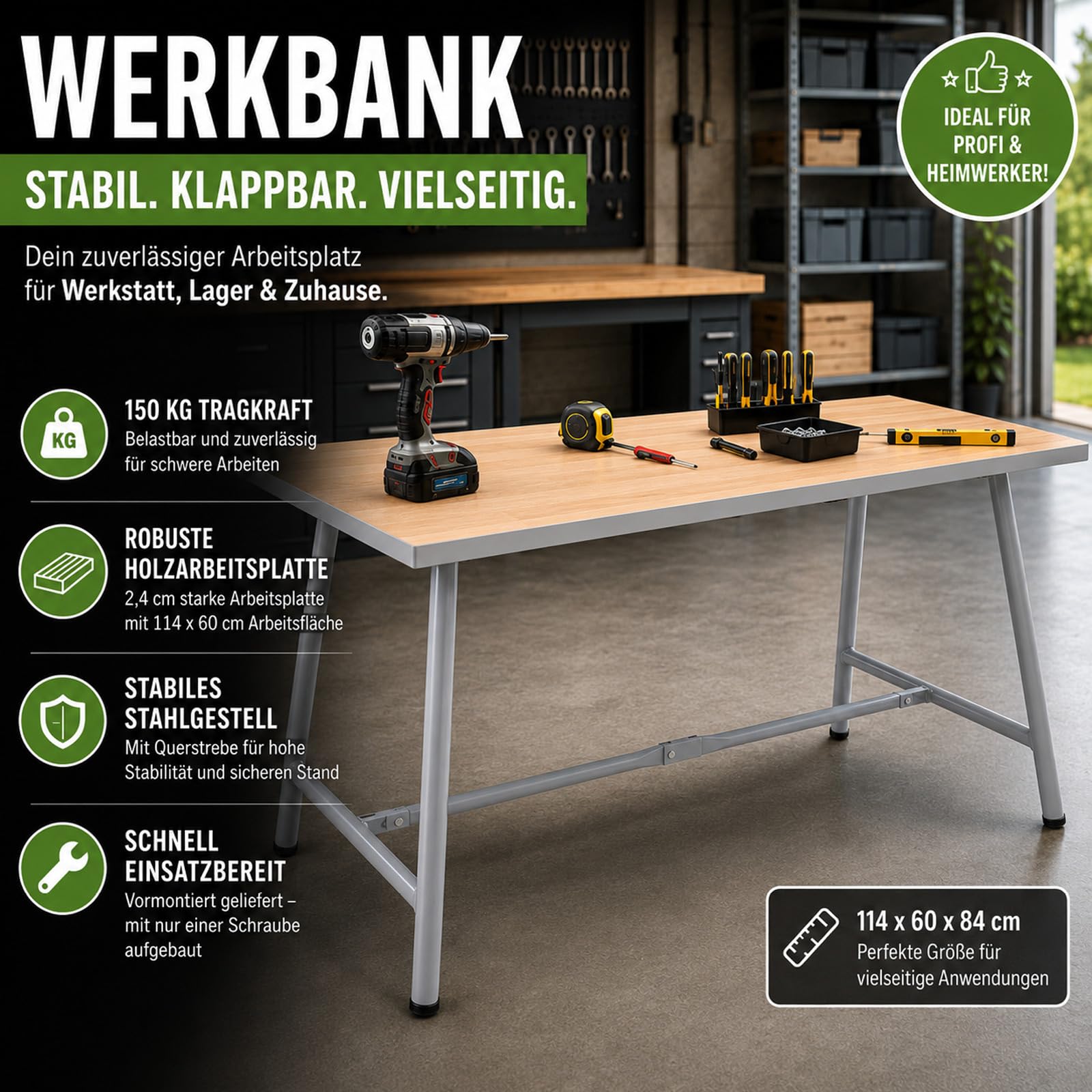 TRUTZHOLM Werkbank klappbar 114x60x84 cm Stabiler Werktisch bis 150 kg pulverbeschichtetes Stahlgestell grau mit 2,4 cm Holzarbeitsplatte Klappwerkbank Arbeitstisch für Werkstatt Garage Montage Lager