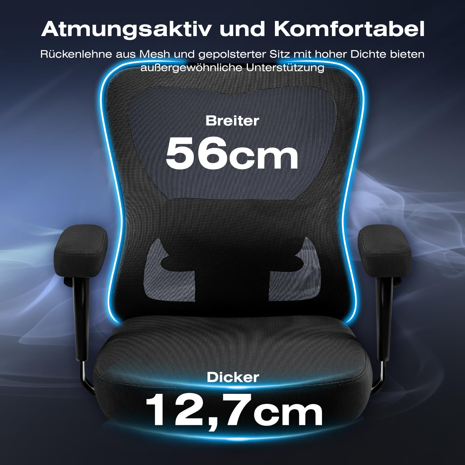 Hellove Bürostuhl Ergonomisch 230KG, Schreibtischstuhl mit Verstellbarer Armlehnen und Lendenwirbelstütze, Drehstuhl mit 50cm Große Sitzfläche Computerstuhl Mesh-Stuhl für Homeoffice Wippfunktion