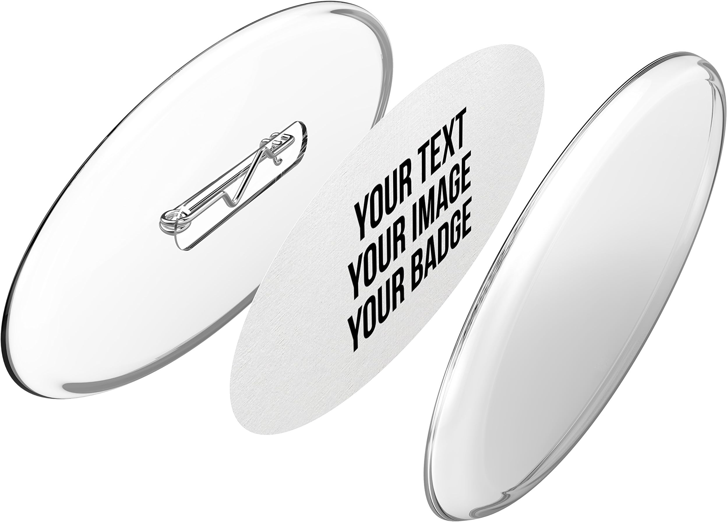 Instant Oval Button Badges Kit with Pin (Pack of 50) - Make Your Own Personalised Badges Without a Badge Making Machine - with Printable Blank Inserts on A4 Paper