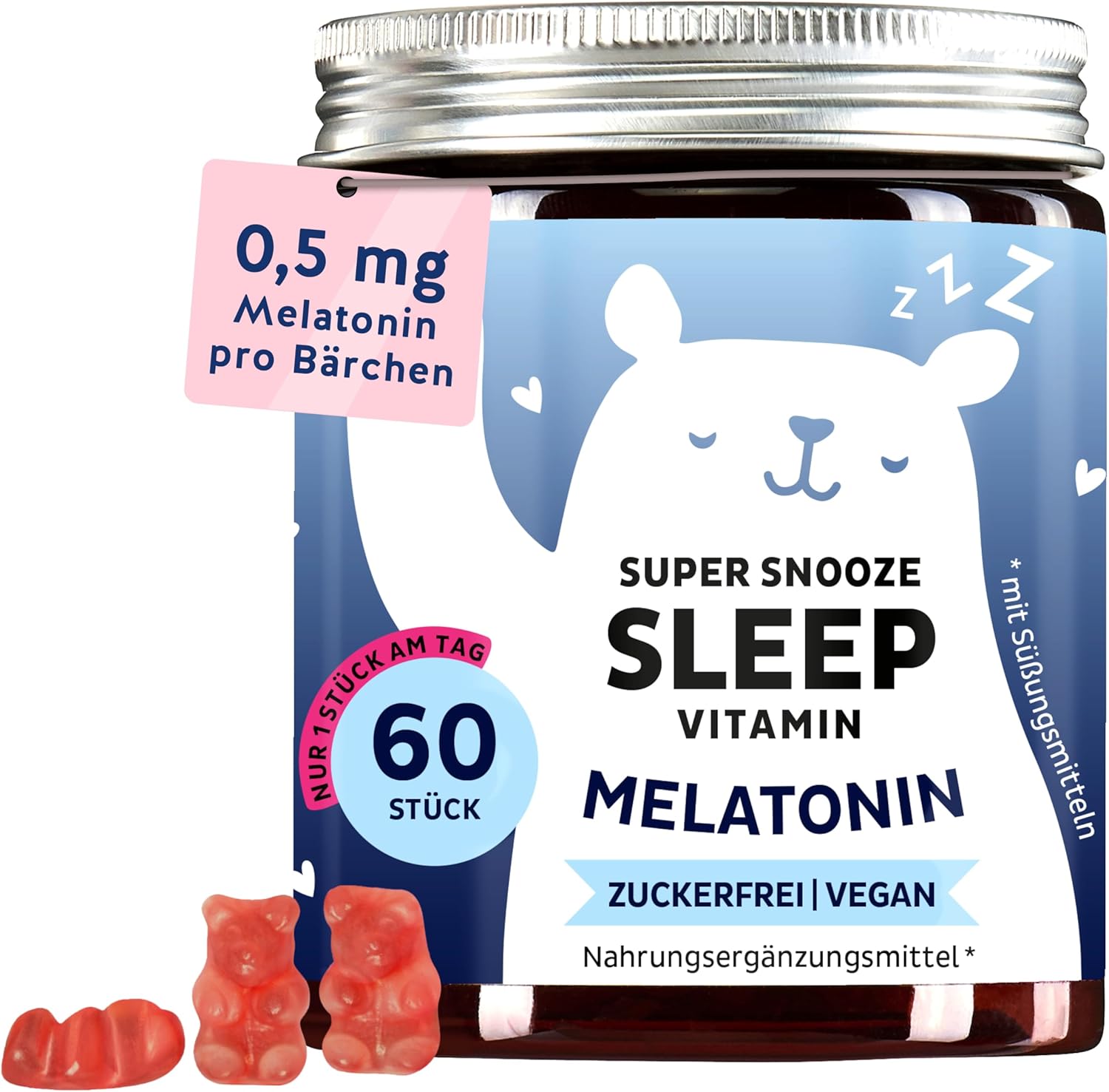 Super Snooze Sleep Vitamin – Natural Sleep – Melatonin 0.5 mg Gummy Bears – With Melatonin & Vitamin B6 – 60 Pieces (2 Month Supply) – Sugar Free, Vegan – Bears with Benefits