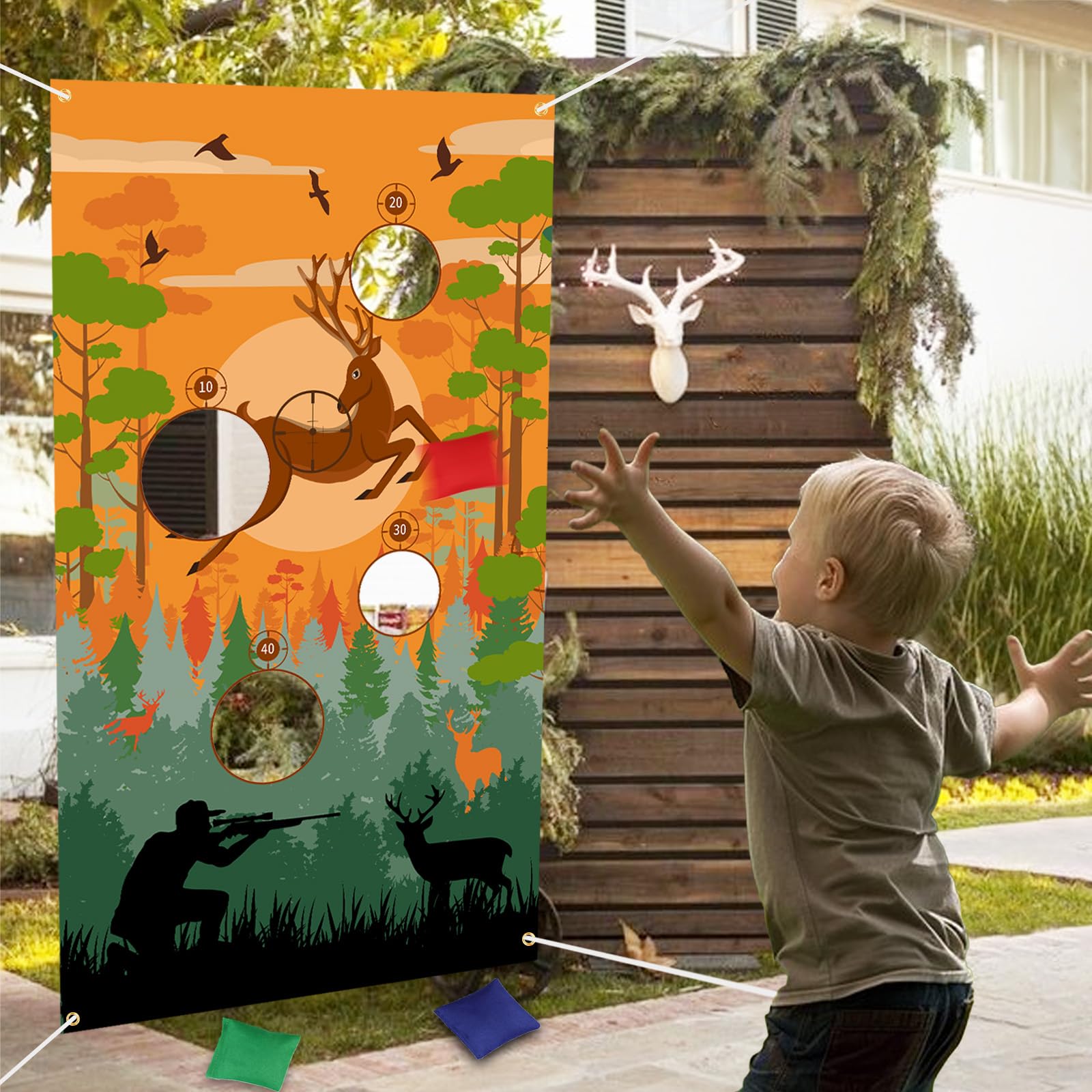 Serencatcher Hunting Toss Game Banner with 3 Bean Bags Deer Hunting Bean Bag Toss Games Backdrop for Hunting Birthday Party Games Gone Hunting Camo Birthday Baby Shower Party Decorations