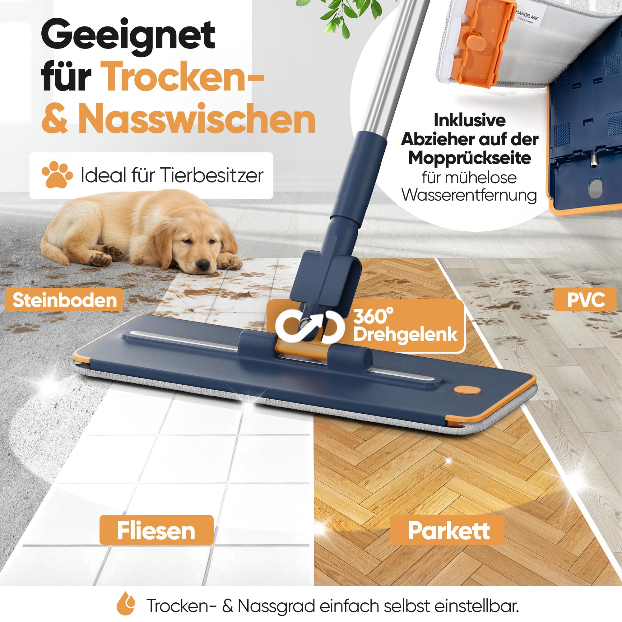 Wischmopp Set mit Eimer – Bodenwischer, Wischer Boden, Mop Set mit 3-Kammer-System, Nasswischer mit Auswringfunktion und Putzeimer, Mikrofaserpads & Wandhalterung