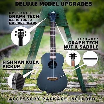Deluxe KLOS Black Carbon Fiber Acoustic Electric Tenor Ukulele Kit with Gig Bag, Rain Cover, Strap, Strap Pins, and more