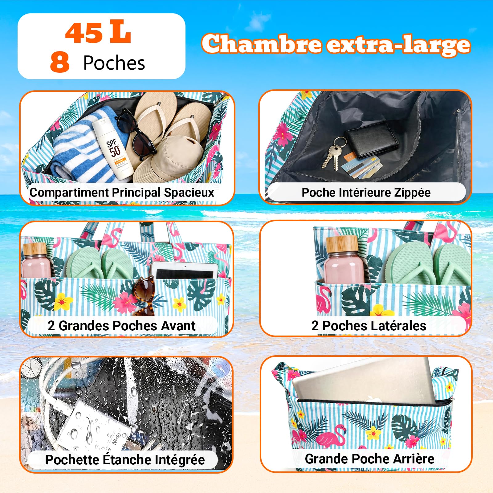 Hap Tim Sac fourre-tout de plage imperméable XXL avec compartiment humide et fermeture éclair, grande capacité, sac de voyage, léger, pliable, pour femme, pour la natation, le shopping, la salle de