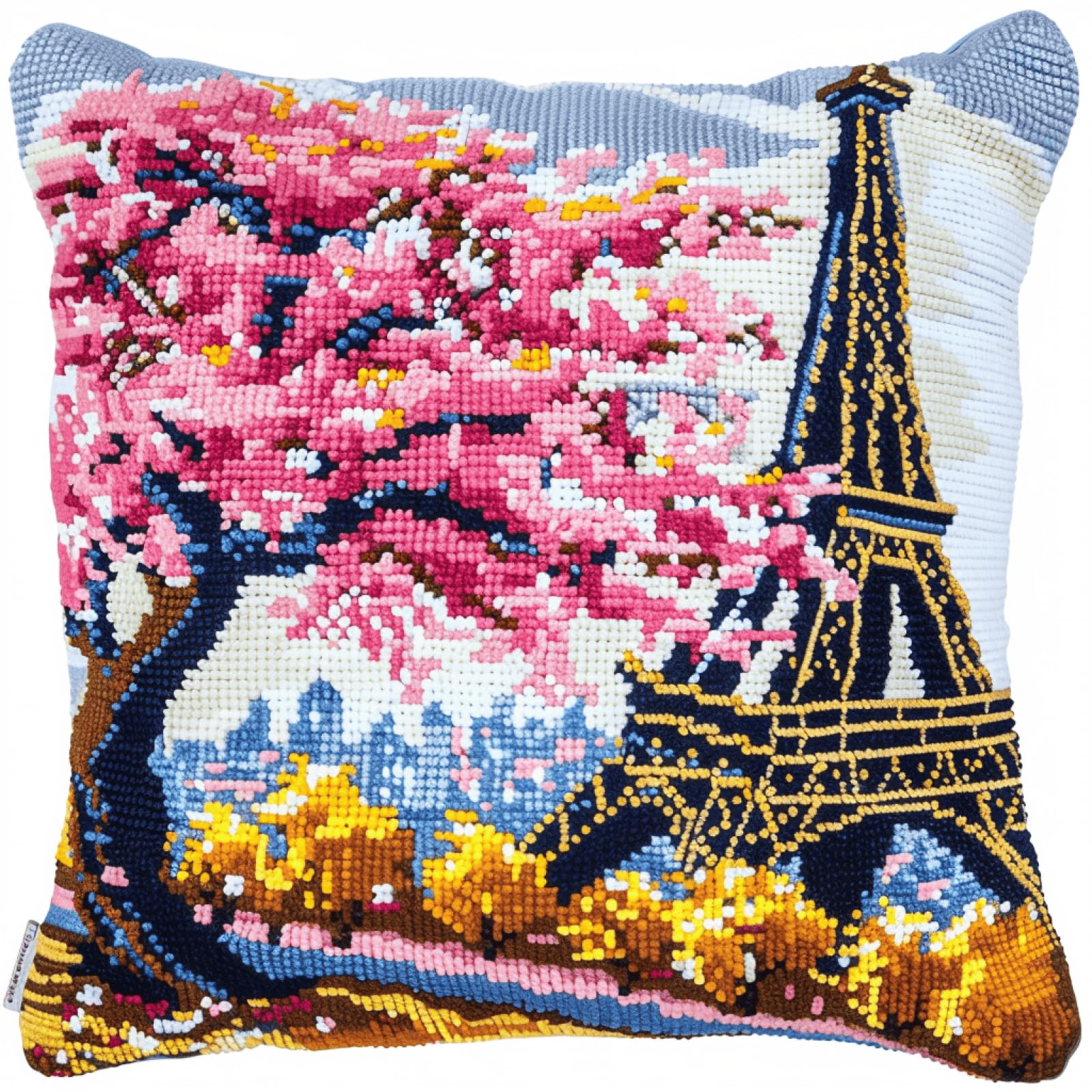 XDEGHUANGSS Latch Hook Cushion Cover Kit Sakura Tower – 17x17 Inch DIY Needlework Set for Sofa Cushion or Pillow Case, Includes Yarn & Latch Hook Tool, Beginners Home Decor