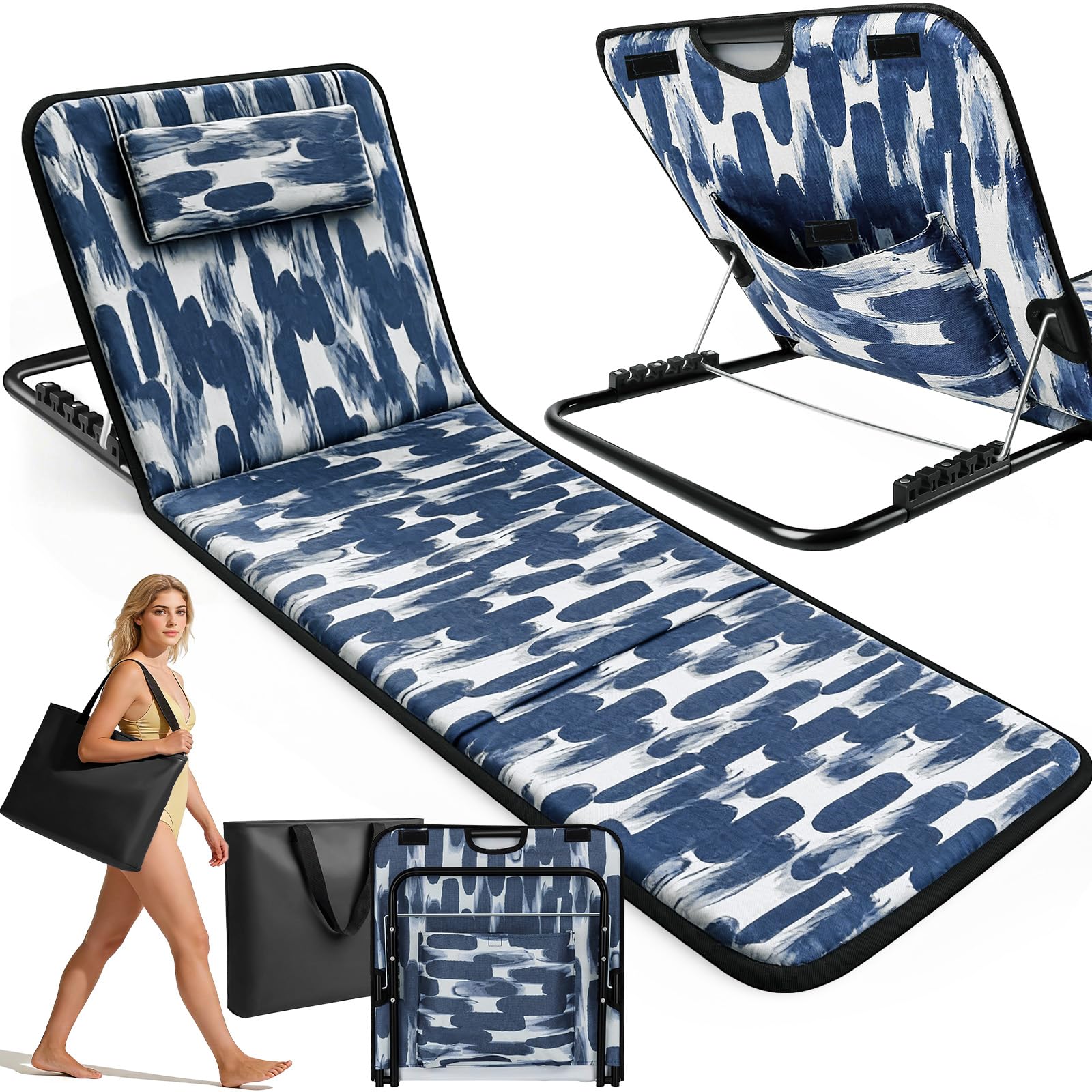 Tappetino da Spiaggia Pieghevole, Lettino da Spiaggia Pieghevole con Poggiatesta, Schienale Reclinabile e Tasca Portaoggetti, Portata 150 kg per Spiaggia Viaggi Giardino Campeggio (Blu)