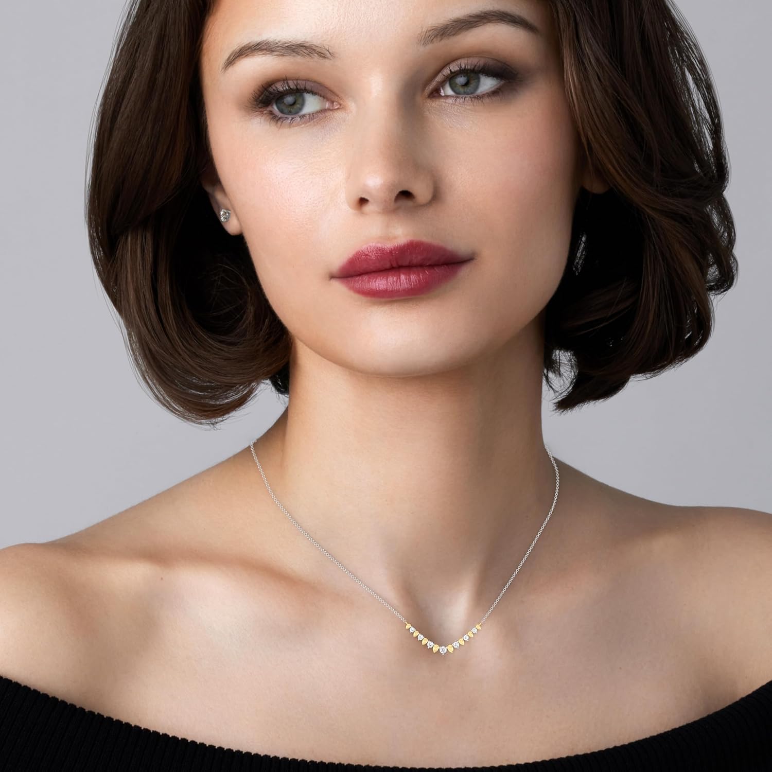 GILDED Itsy Bitsy Sterling Silver Diamond Heart Station Necklace, Lab-Grown Diamonds, SI1 F-Color, 14KT Gold Plated over Silver, 18” Chain with Spring-Ring Lock - Image 4