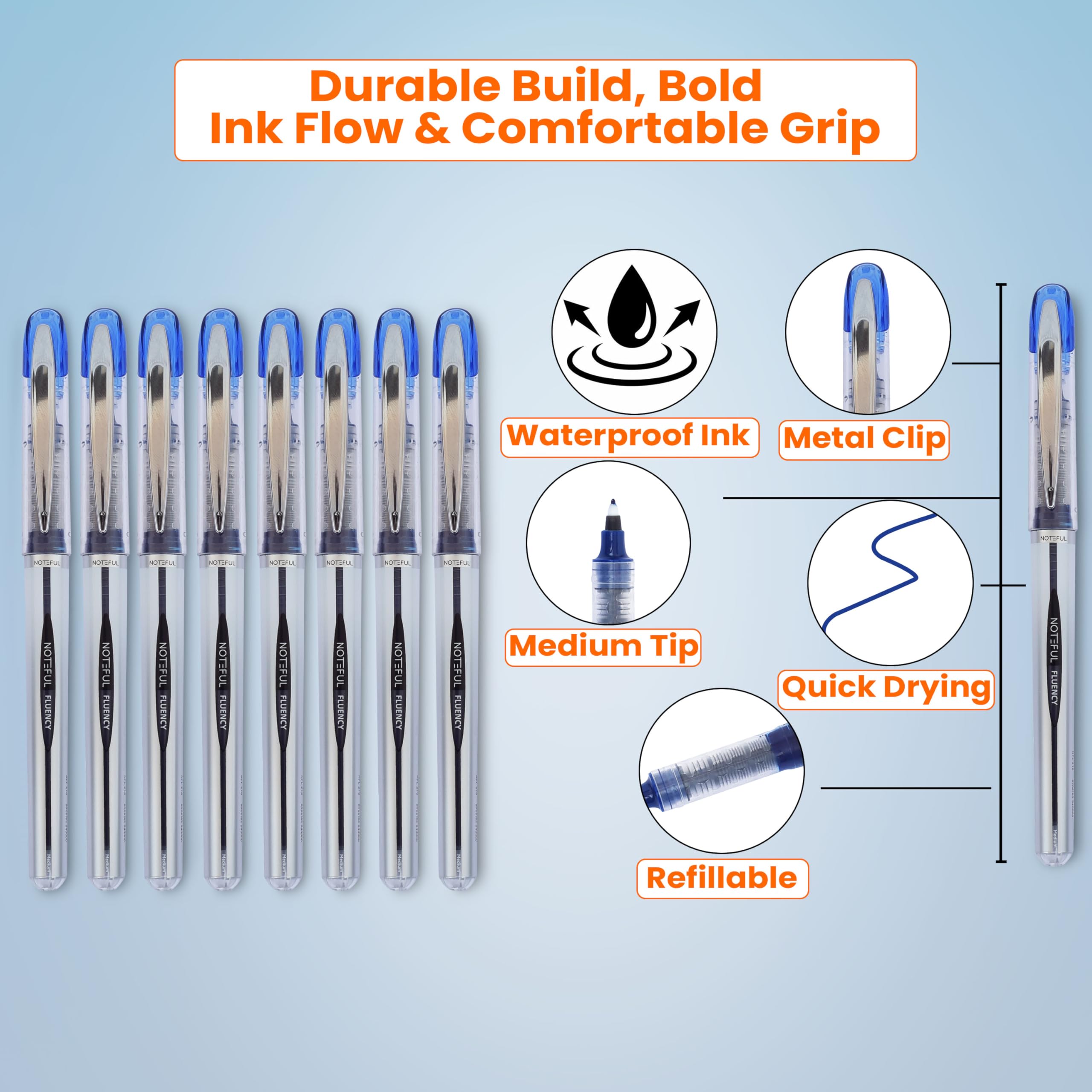 NOTEFUL Fluency Pens Medium Tip Writing Pens Refillable Waterproof Ink Smooth Quick-Drying Ball Pens for Office, School & Journaling - Blue (Pack of 8) - Image 4