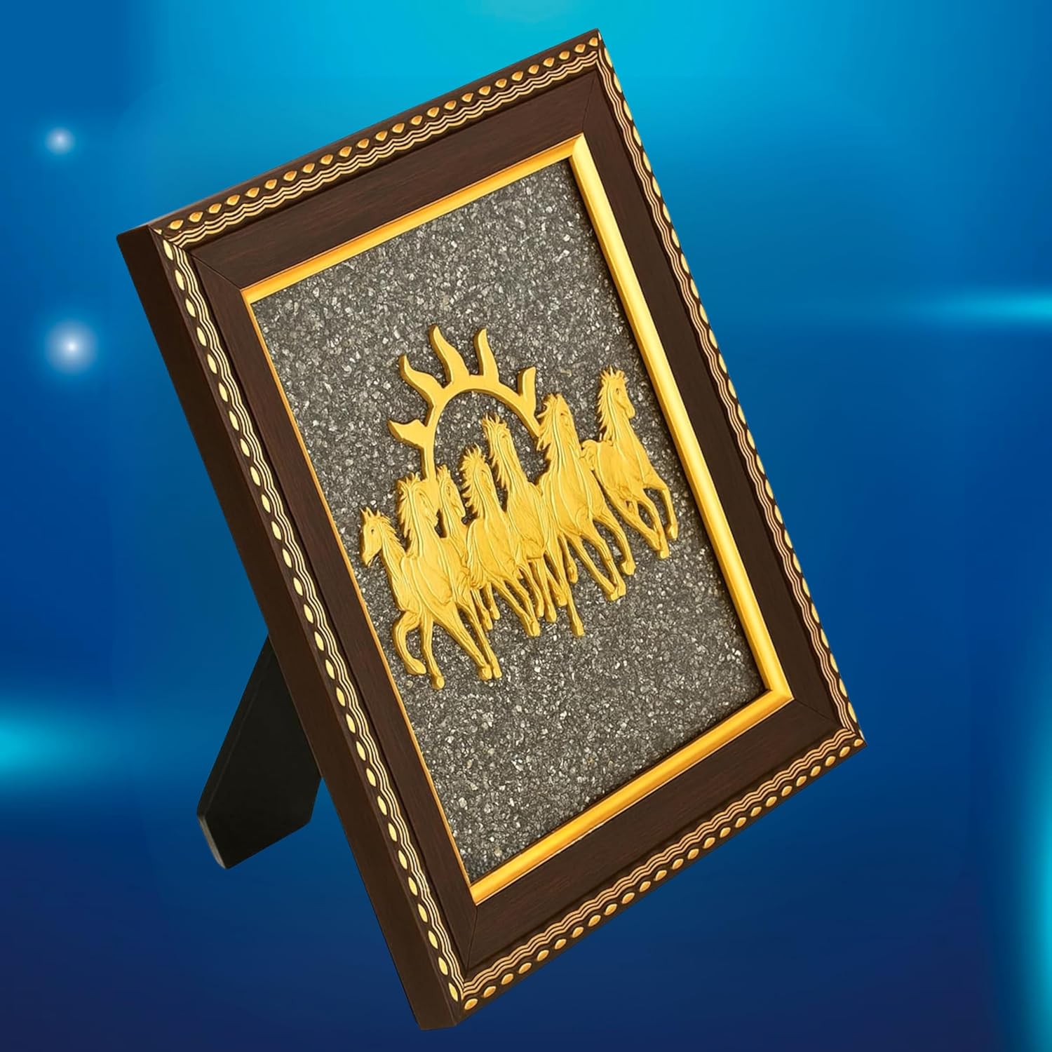 Seven Running Horses Pyrite Dust Frame Certified | For Attracting Wealth, Money & Protection | Vastu & Feng Shui Decor for Home & Office