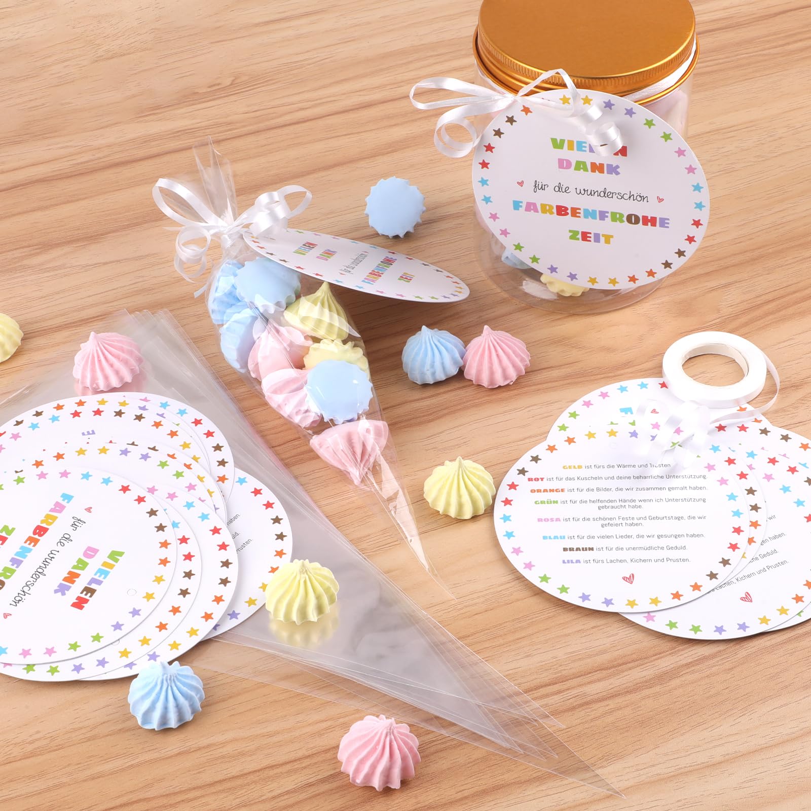 Abschiedsgeschenk Erzieherin, 40 Stück Kindergarten Abschiedsgeschenk Dank, Vielen Dank für die Farbenfrohe Zeit,mit 20 Stück Geschenkanhänger und 20 Stück Kegeltüten Geschenkverpackung