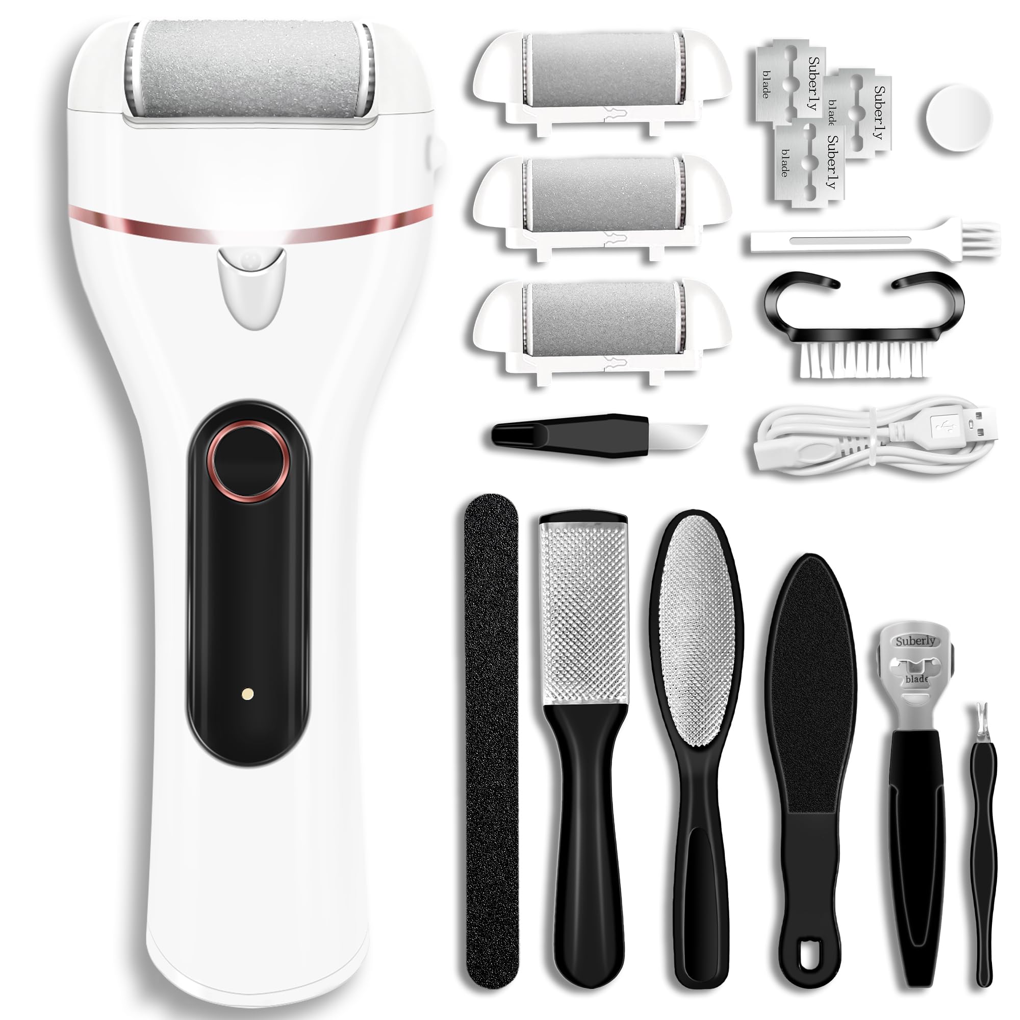 Removedor de callos para pies, removedor eléctrico de callos de pies, impermeable, con 3 rodillos, pantalla de batería de 2 velocidades, kit de pedicura recargable 17 en 1 para piel seca y