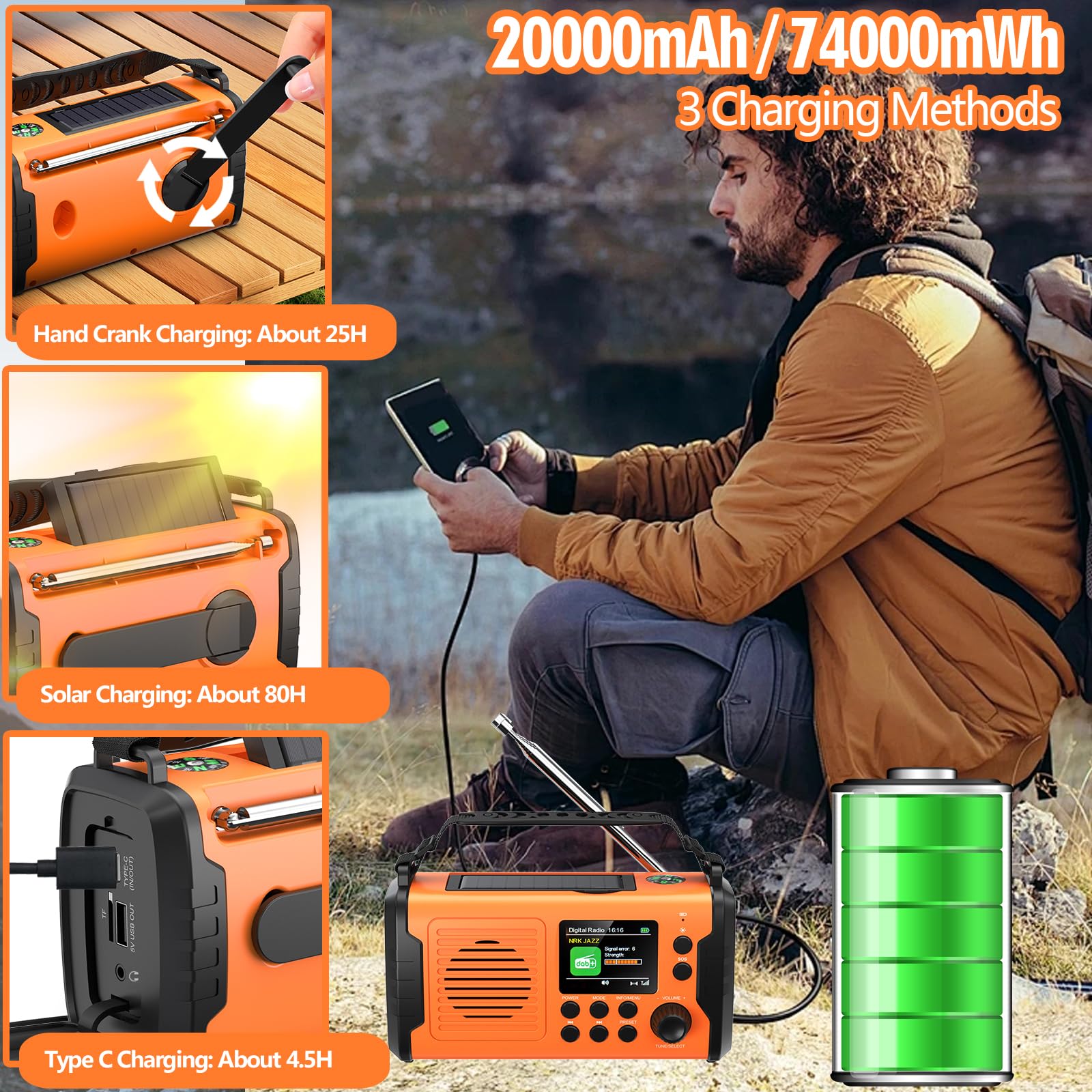 20000mAh DAB/DAB+/FM Radio Portatile Ricaricabile, 3 Metodi di Ricarica, 11 en 1 Solar Radio a Manovella avec Power Bank, Bluetooth5.3, SOS, Torcia, Bussola,Scheda TF e Luce di Lettura