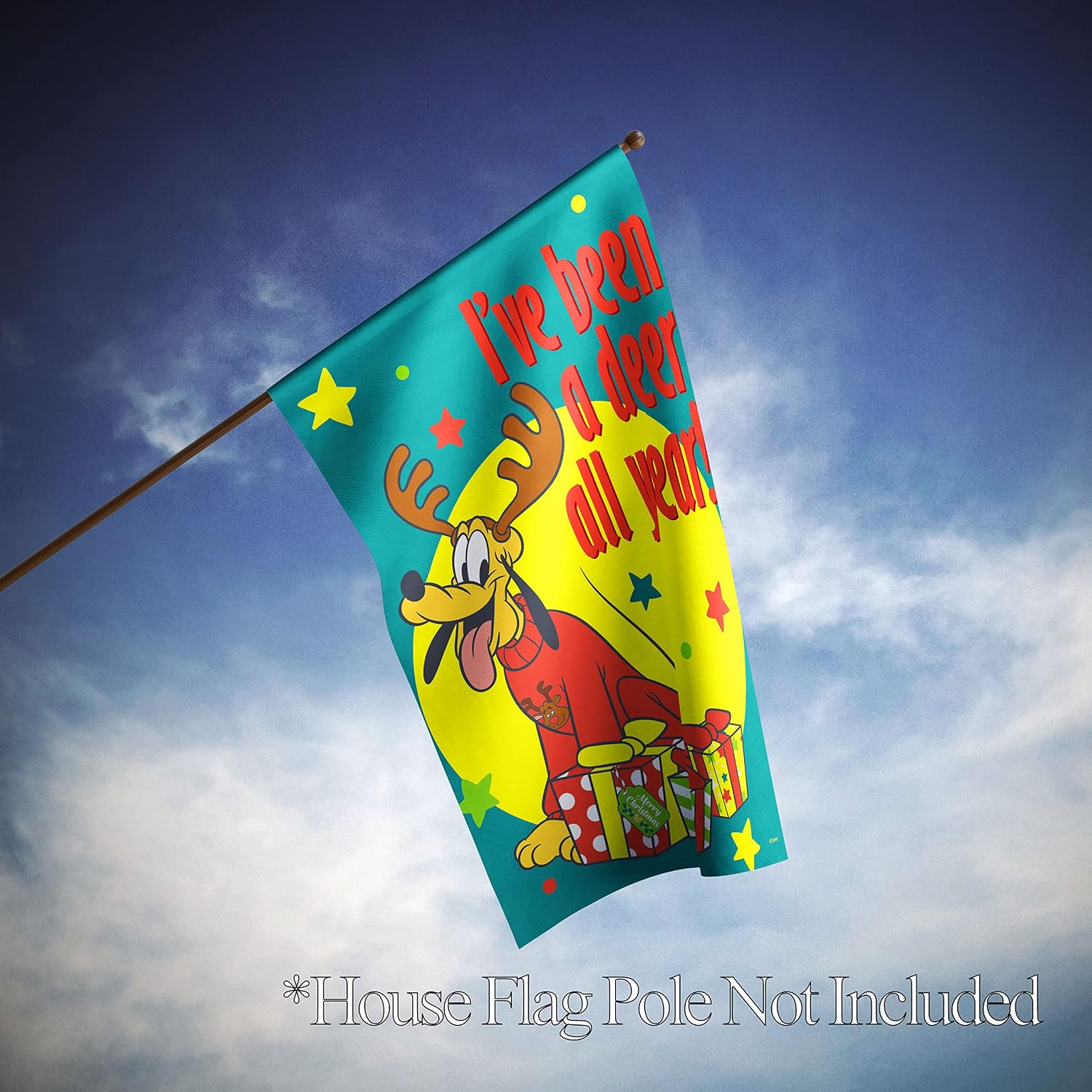 Flagology.com, Disney A Deer All Year Pluto – House Flag 28" x 40", Exclusive Fabric, Officially Licensed Disney, Christmas