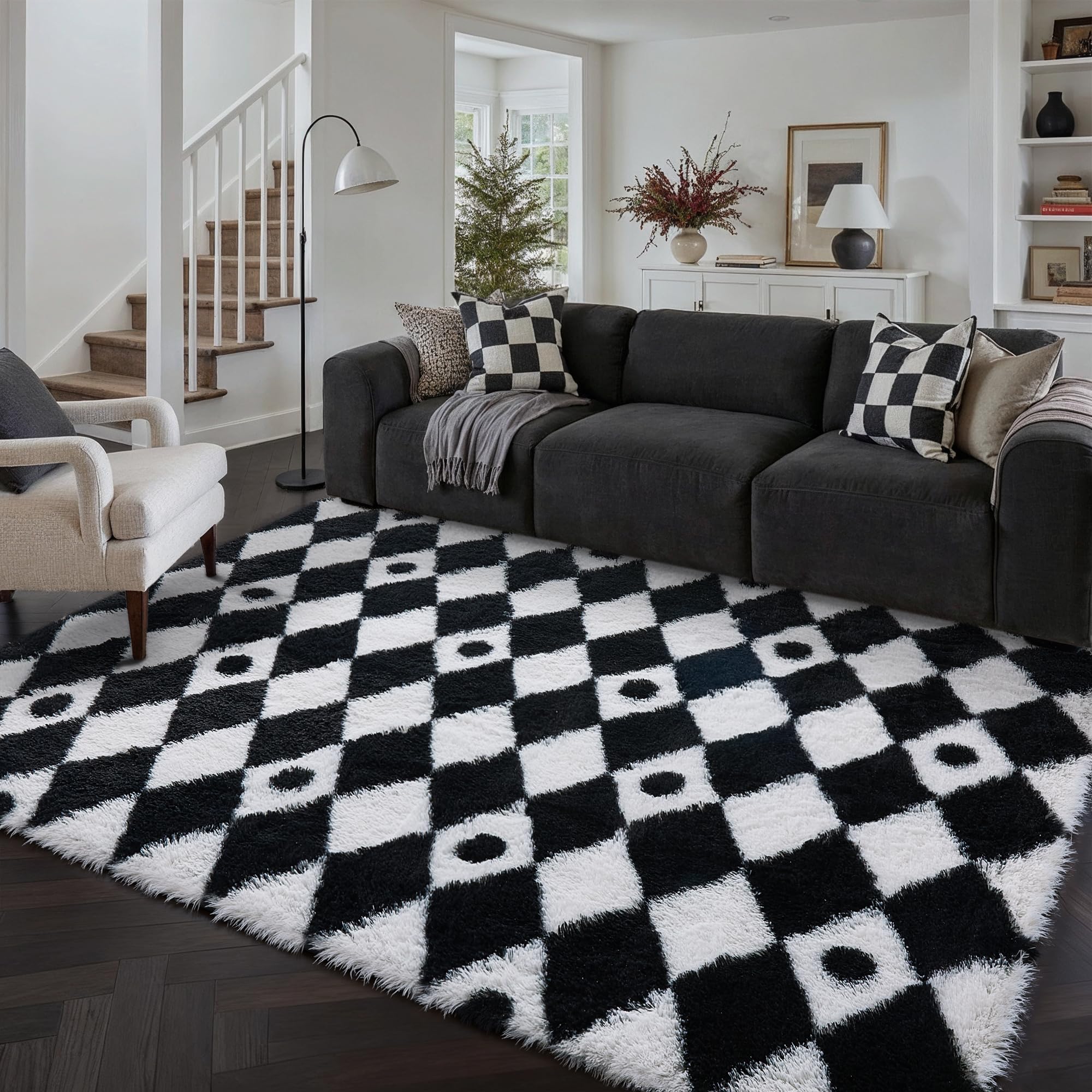 HUGEAR Flauschig Teppich Wohnzimmer 160x230 Teppiche Schwarz Weiß Shaggy rutschfest Rautenmuster Carpet Kinderzimmer MäDchen Junge Schlafzimmer Hochflor Weich